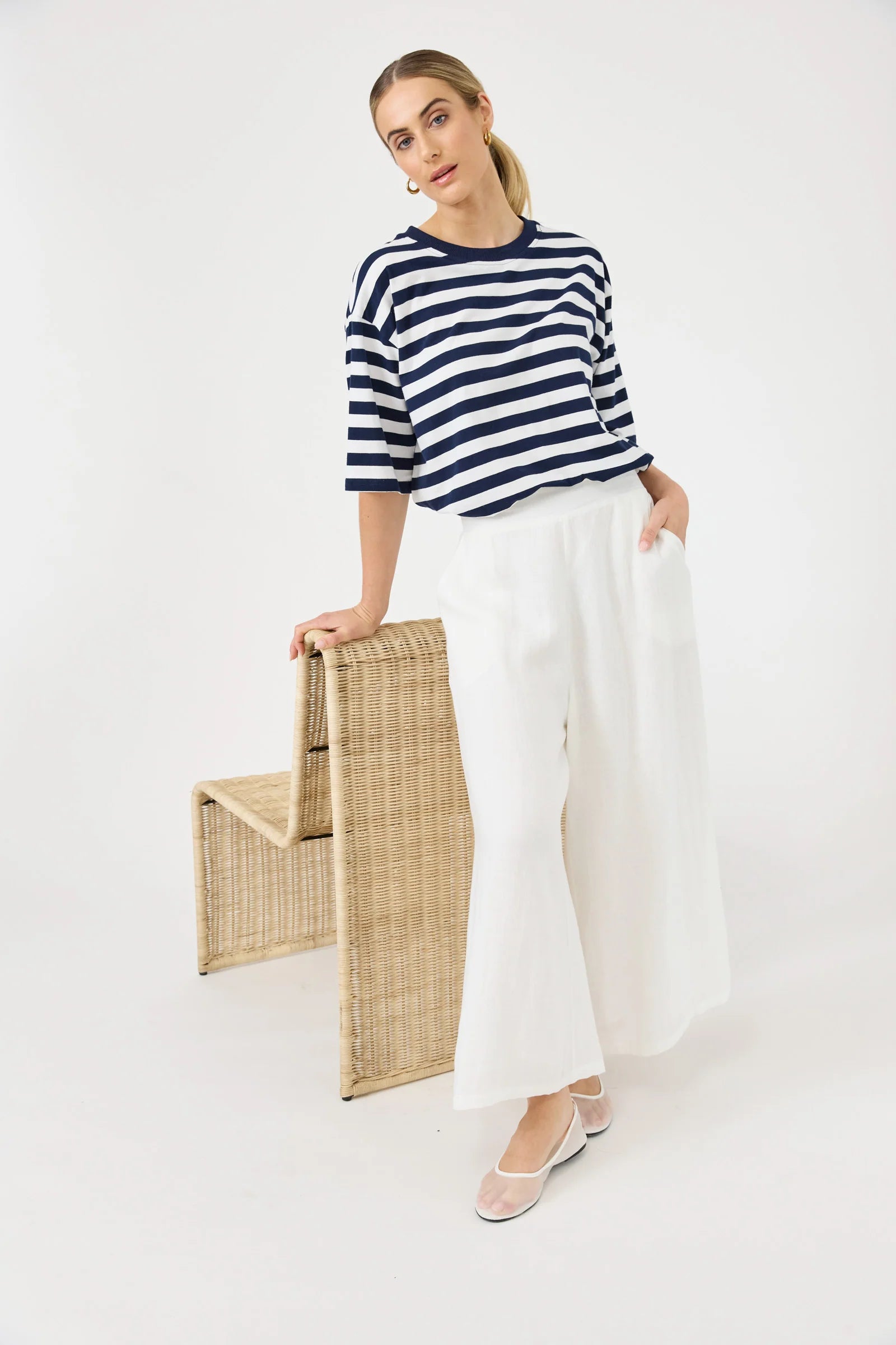 Eb&Ive Studio Linen Crop Wide Leg High waisted women’s Pant white above ankle Work Pant High Rise Wide leg  linen pants salt 100% linen trousers