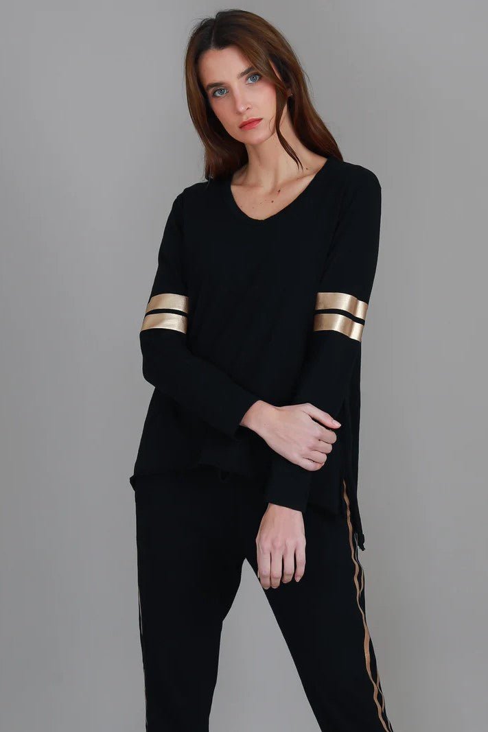 Kiara Long Sleeve T Shirt - Gold Stripe Black