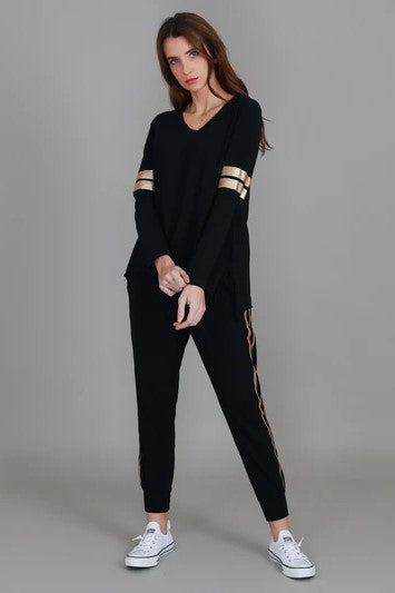 Kiara Long Sleeve T Shirt - Gold Stripe Black