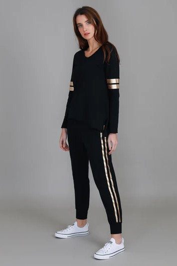Kiara Long Sleeve T Shirt - Gold Stripe Black