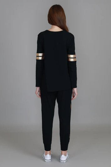 Kiara Long Sleeve T Shirt - Gold Stripe Black