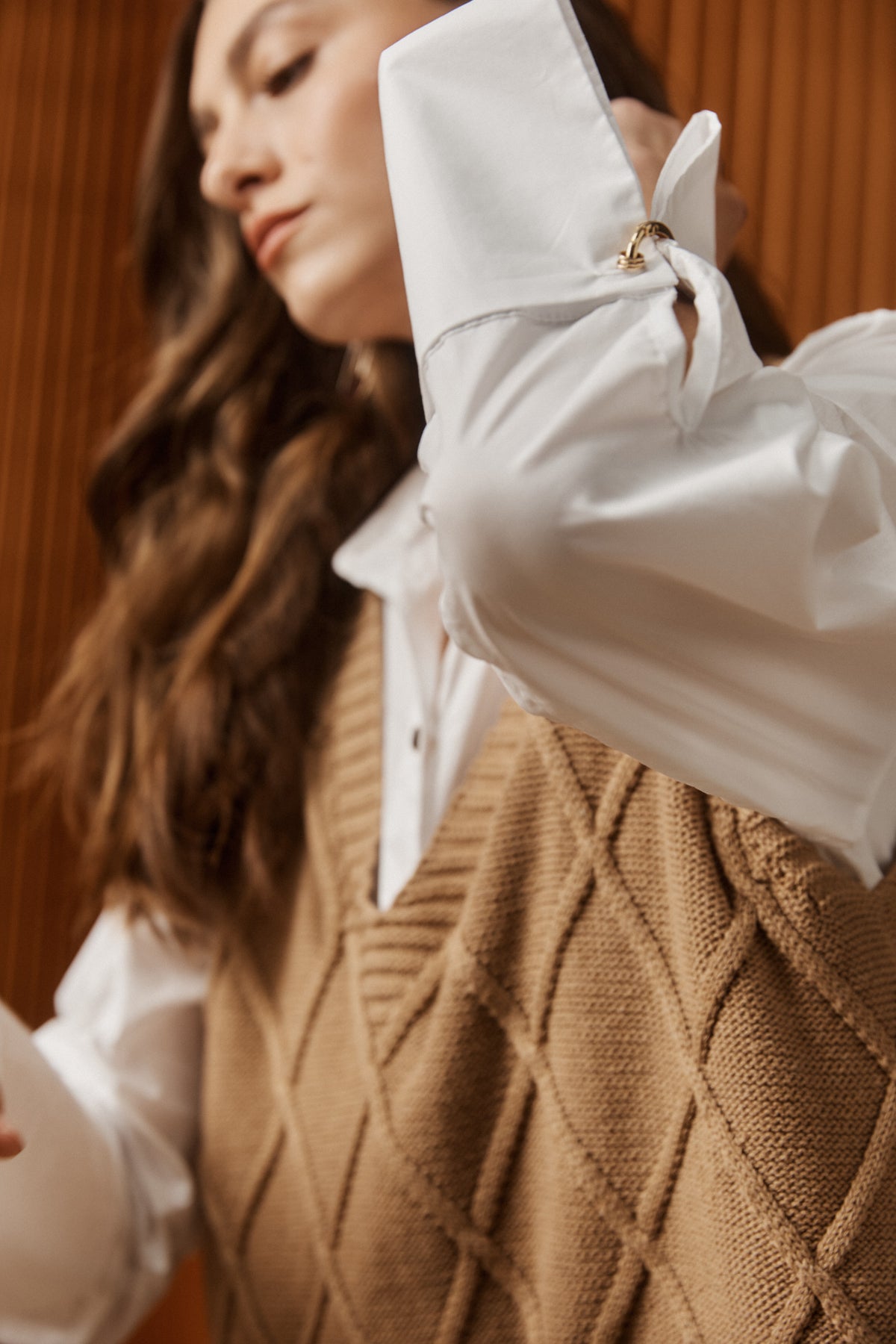 Eb&amp;Ive Liora Cotton Knit Vest Mocha caramel cable knitwear Autumn Winter work vest