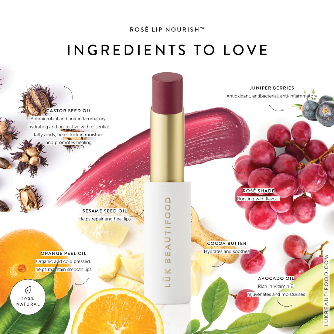 LUK Beautifood lip nourish rose balm natural nourishing organic vegan non-toxic clean beauty fruit pigmented ethical cruelty free hydrated animal friendly earth derived