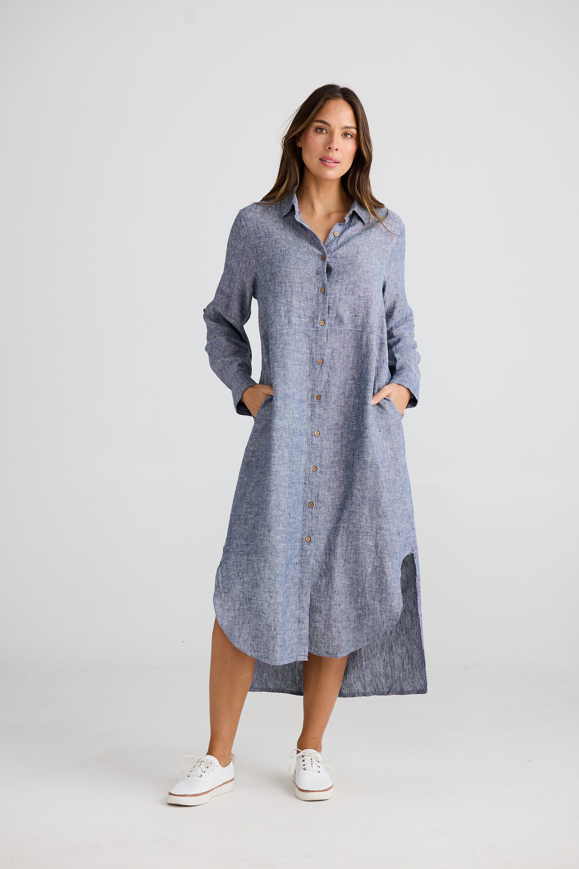 Castro Linen Shirt Dress - Navy Fleck