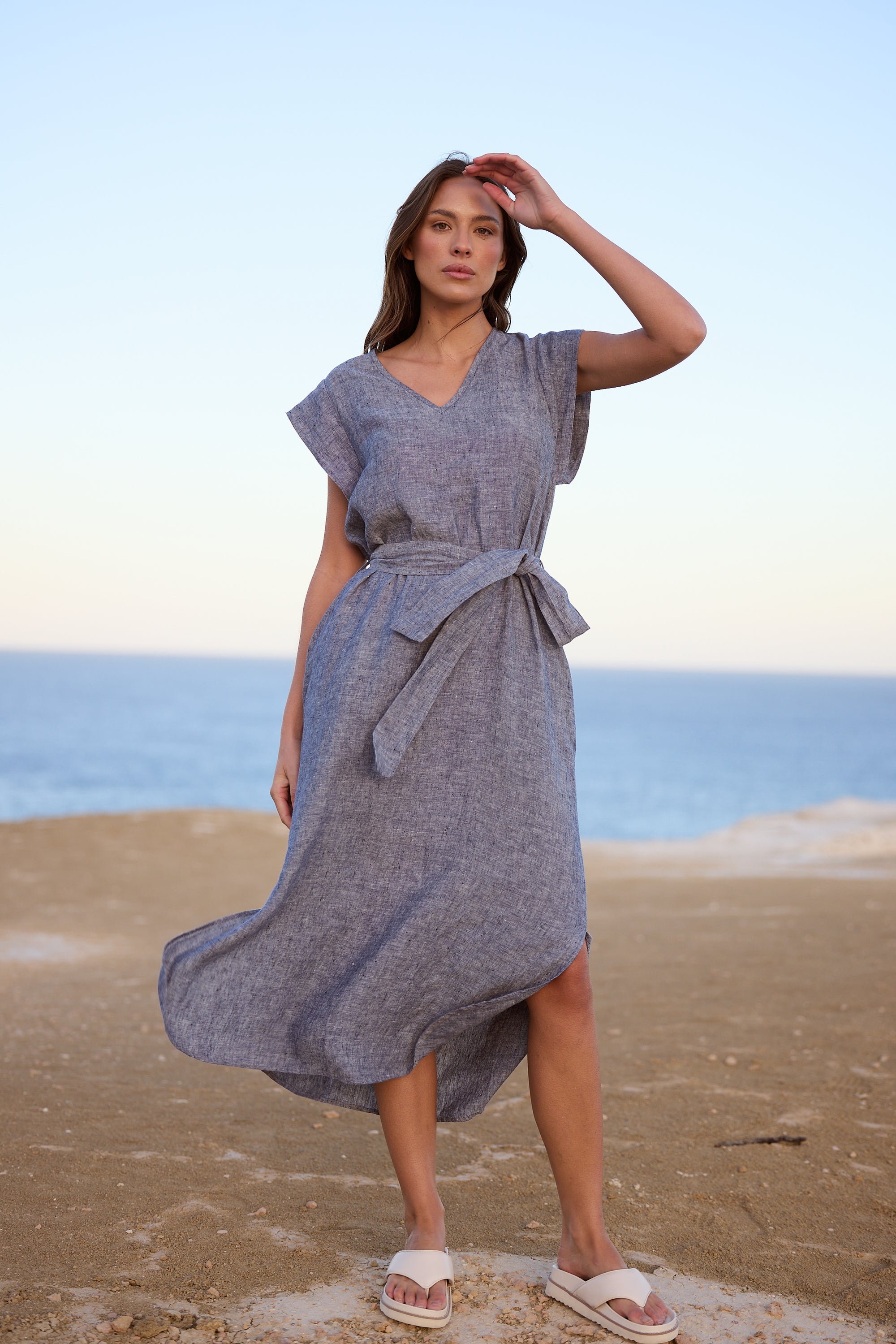 Sebou Linen Dress - Navy Fleck