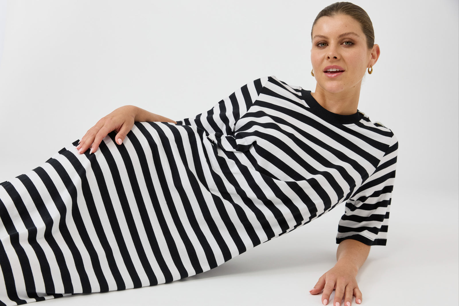 Eb & Ive Studio dress black and white stripe midi length cotton easy wear casual ebony