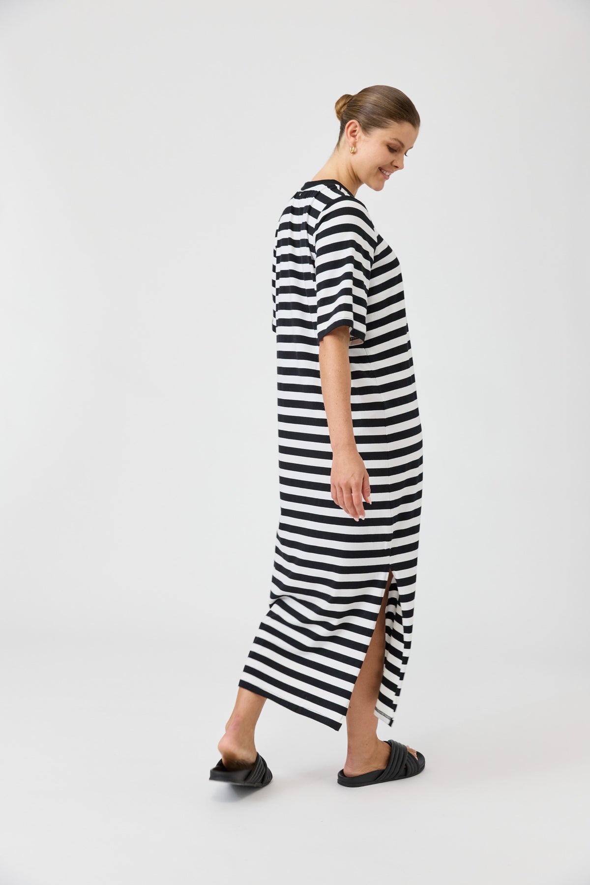 Eb & Ive Studio dress black and white stripe midi length cotton easy wear casual ebony
