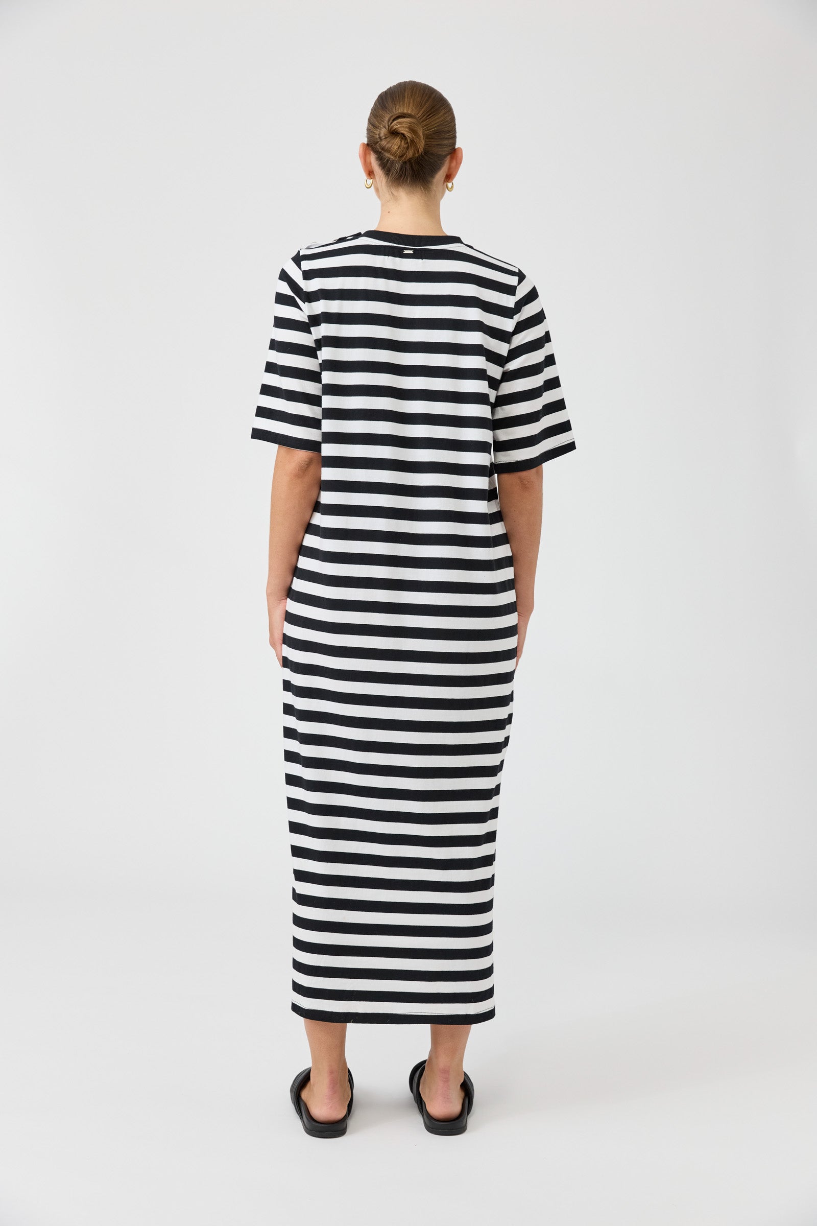 Eb & Ive Studio dress black and white stripe midi length cotton easy wear casual ebony