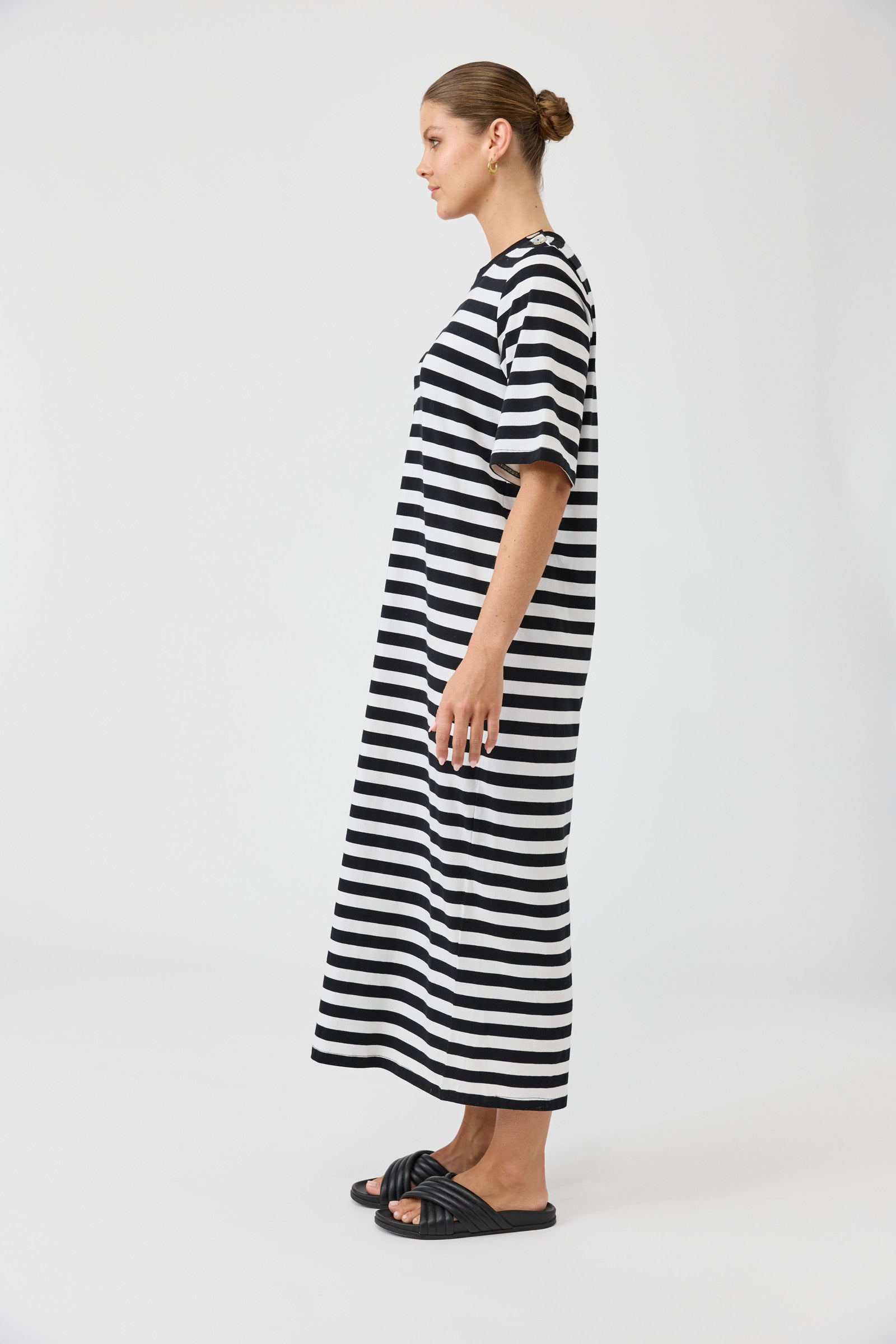 Eb & Ive Studio dress black and white stripe midi length cotton easy wear casual ebony