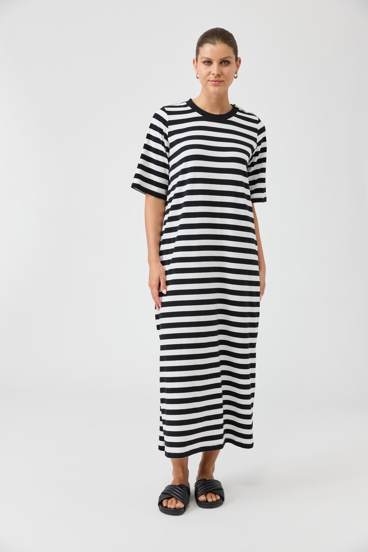Eb & Ive Studio dress black and white stripe midi length cotton easy wear casual ebony