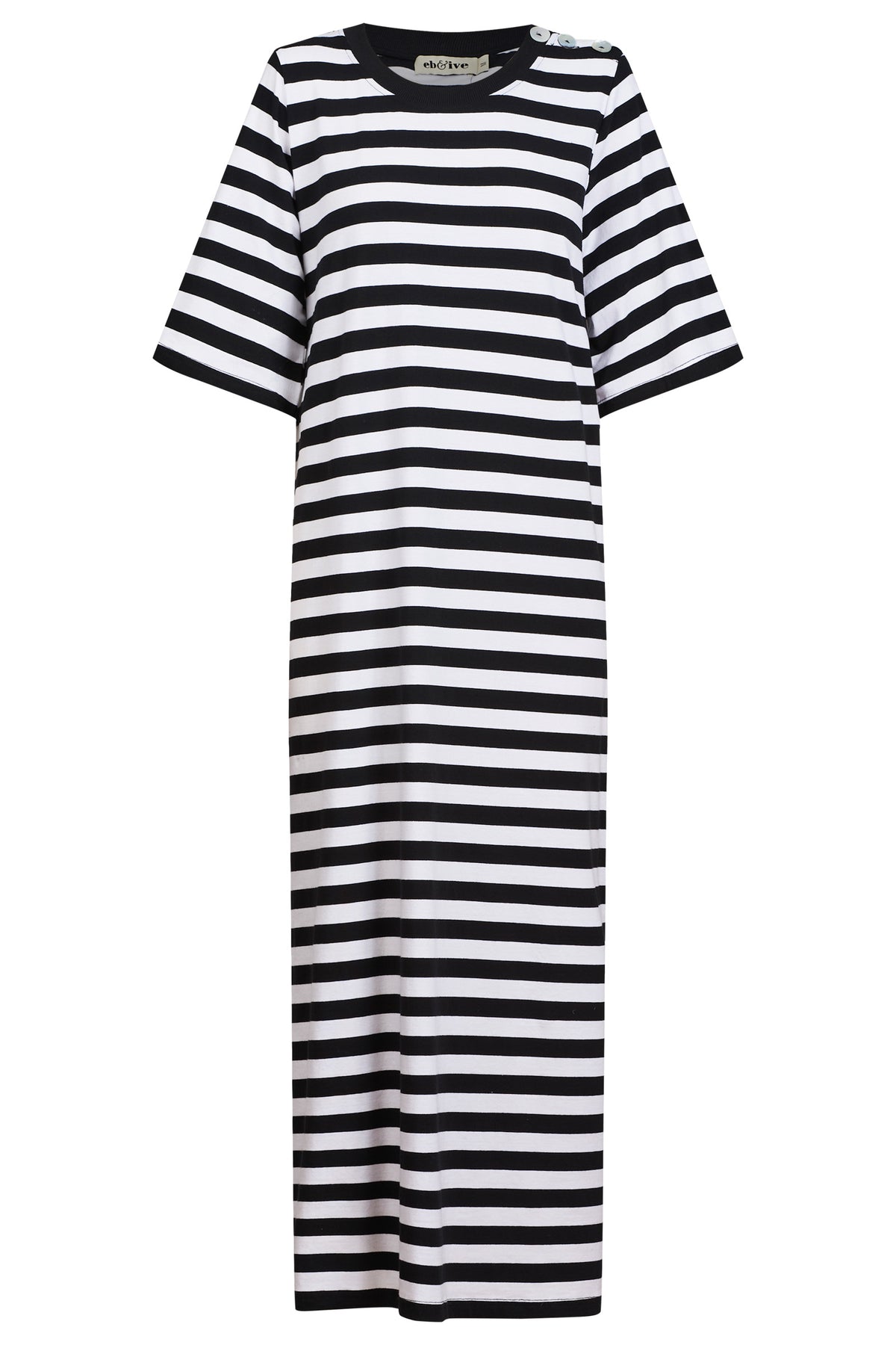 Eb & Ive Studio dress black and white stripe midi length cotton easy wear casual ebony