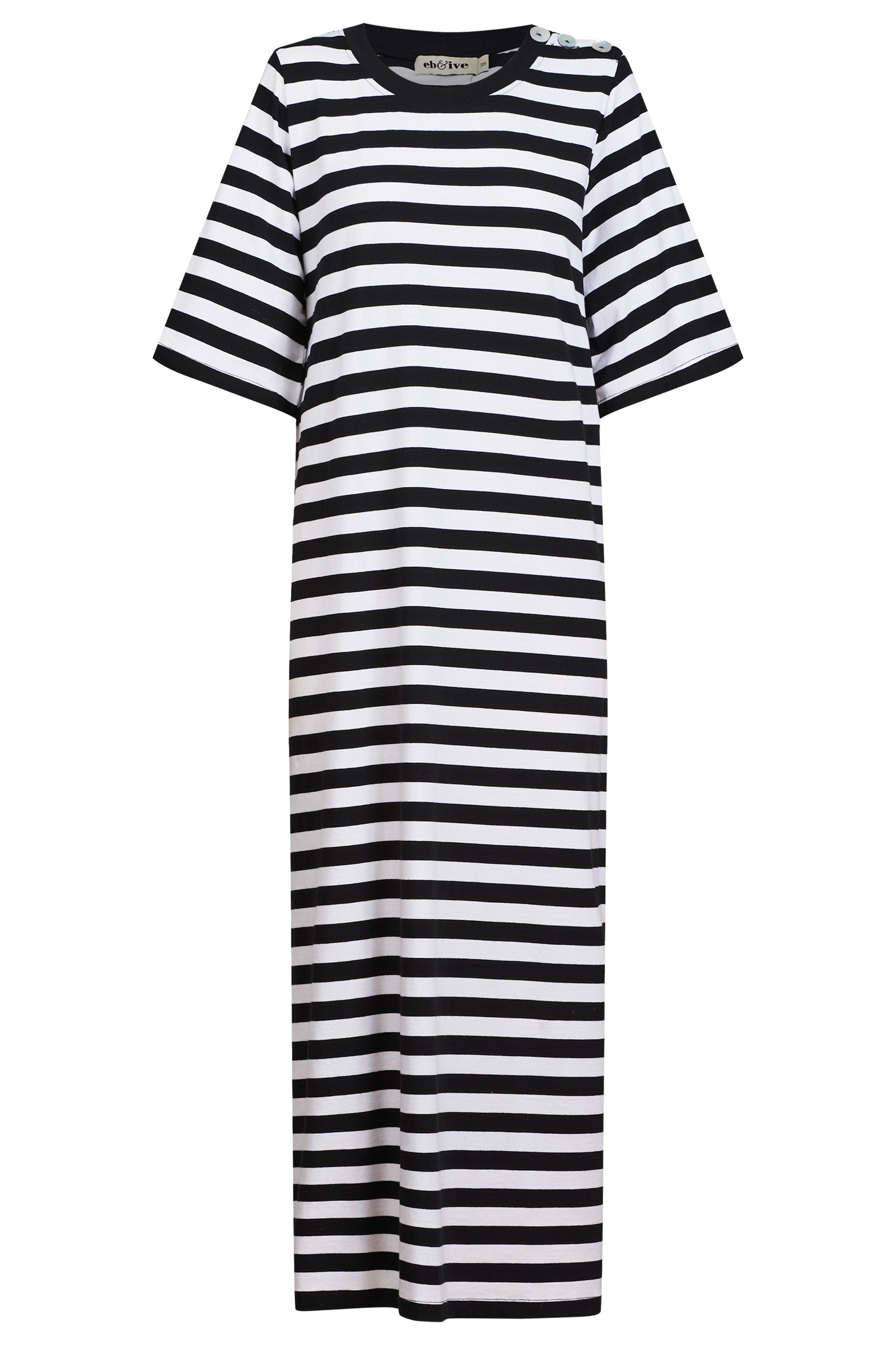 Eb & Ive Studio dress black and white stripe midi length cotton easy wear casual ebony