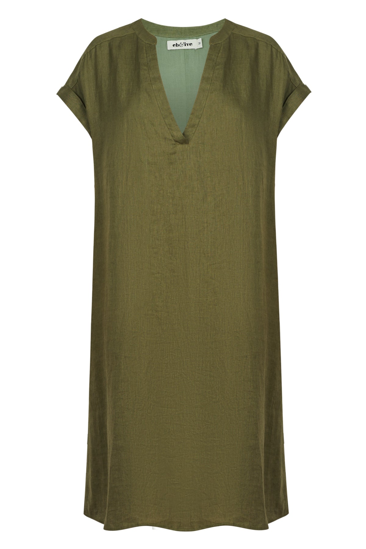 Eb&Ive Studio Linen Midi Dress with pockets khaki green Work wear Dress Eb & Ive short sleeve V neck travel Natural crisp shift Holiday travel dress