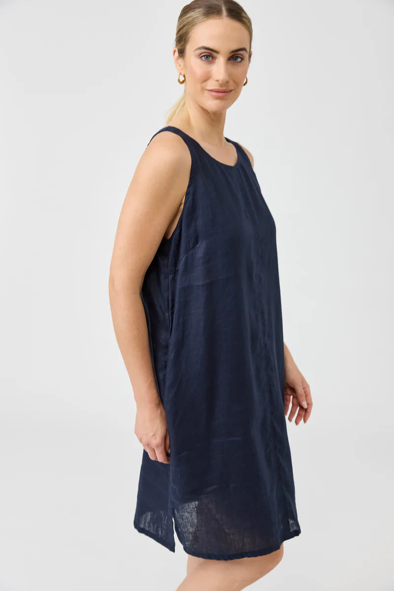 Eb & Ive Studio Linen Dress Sleeveless shell dress  Summer work dress navy pockets work wear