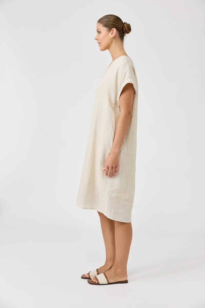 Eb&Ive Studio Linen Midi Dress with pockets tusk Work wear Dress Eb & Ive short sleeve V neck travel Natural crisp shift Holiday travel dress