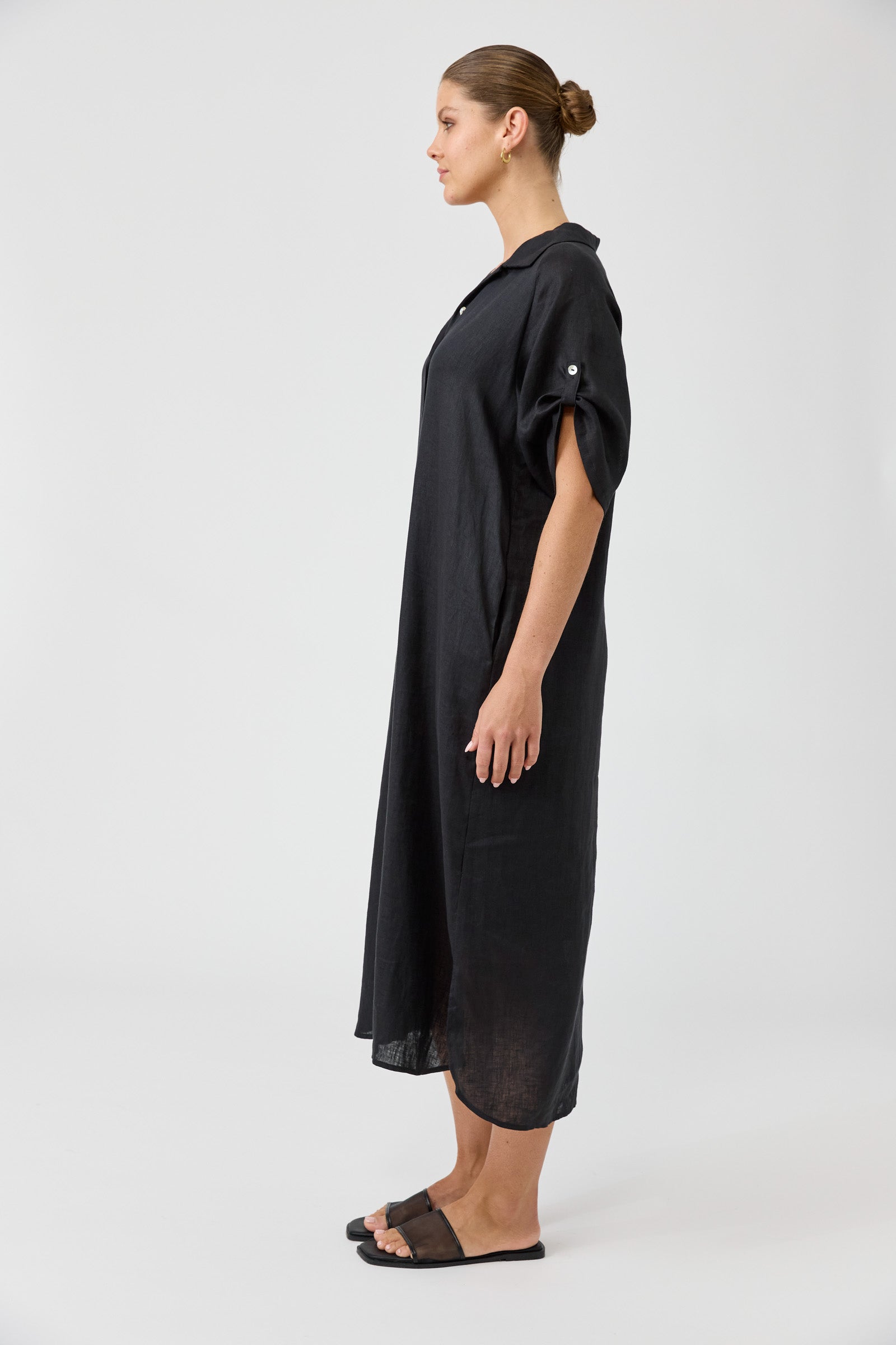 Eb & Ive linen shirt dress black every day staple versatile, flattering breezy