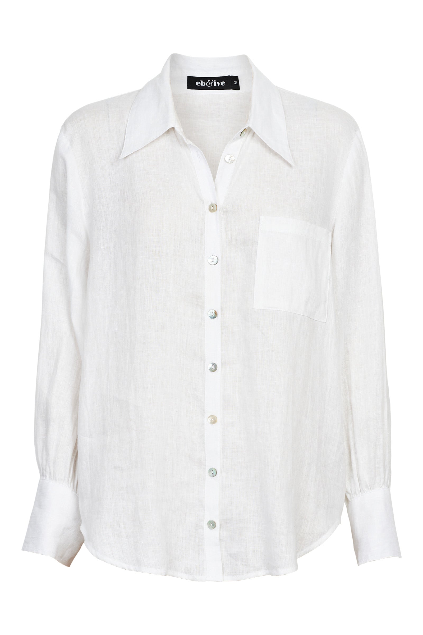 Eb&Ive studio linen white shirt button up work wear smart classic crisp collared versatile Long sleeve  shell button down breathable salt ivory travel blouse 