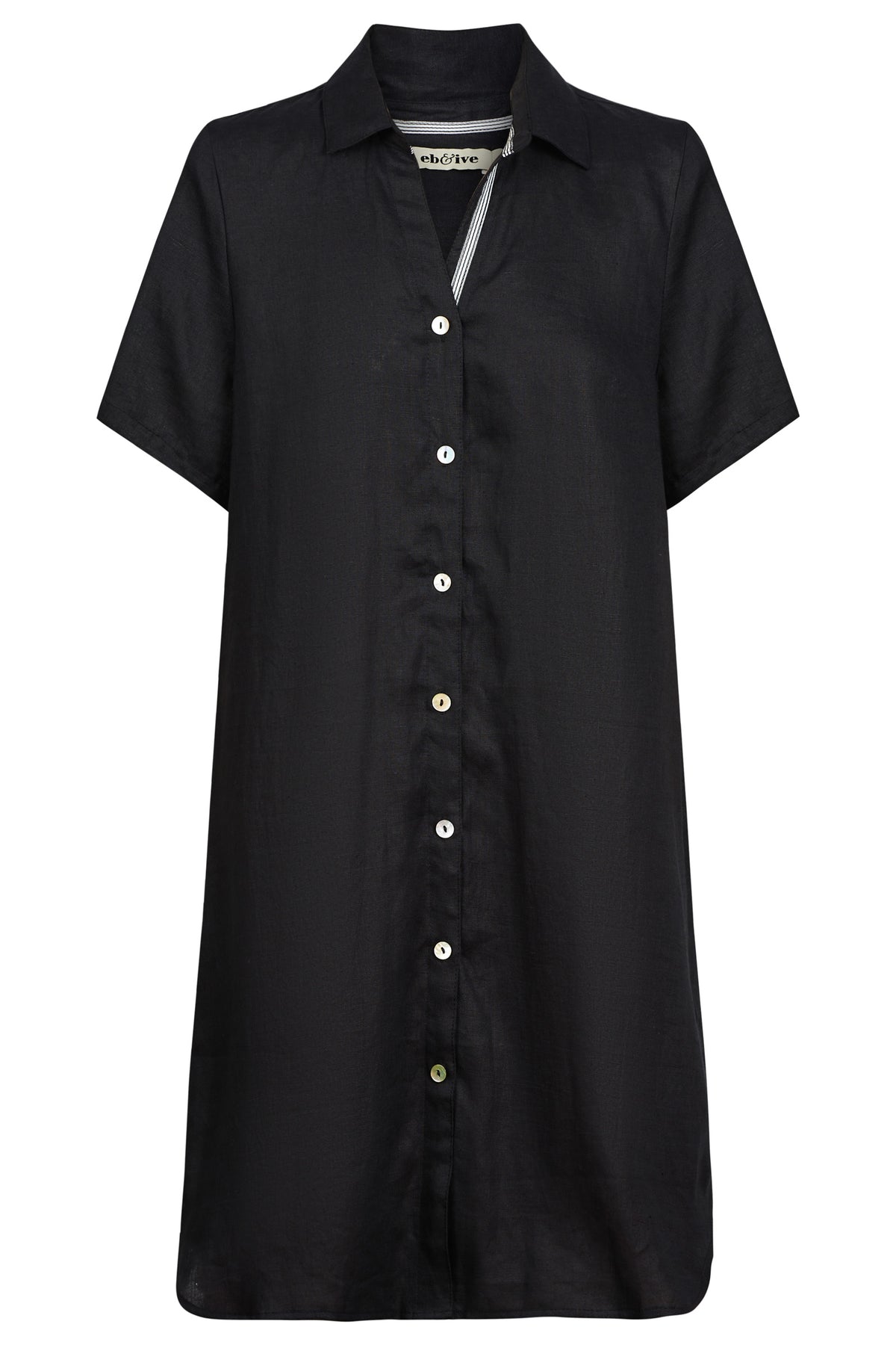 Eb&Ive Studio Linen Short Shirt Dress Black Eb Ive ebony eb Ive Classic shirt collar Button through front Short sleeve Below knee length Curved hem 