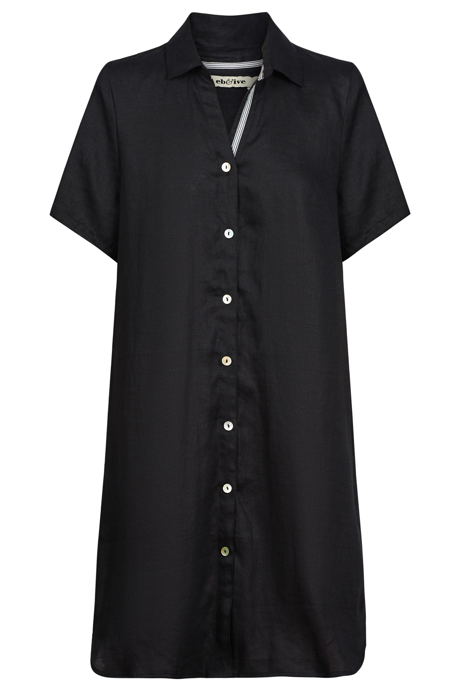 Eb&Ive Studio Linen Short Shirt Dress Black Eb Ive ebony eb Ive Classic shirt collar Button through front Short sleeve Below knee length Curved hem 