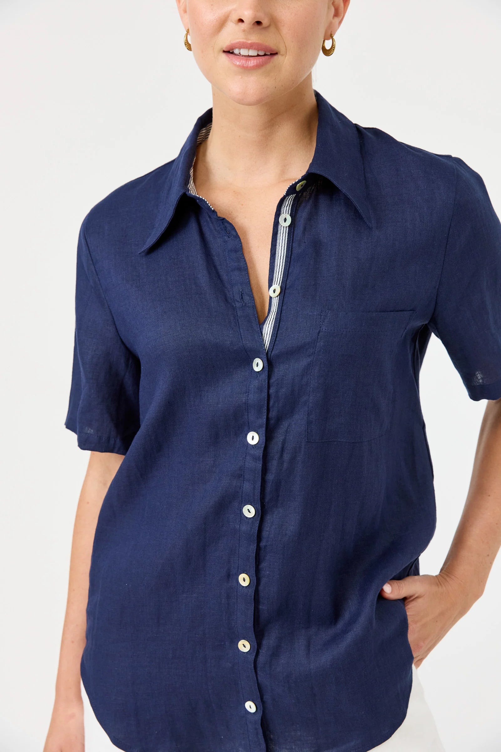 Eb and Ive studio linen short shirt indigo 100% pure linen work wear easy smart classic short sleeve button up front curved hem dark navy colour chic capsule piece Blue