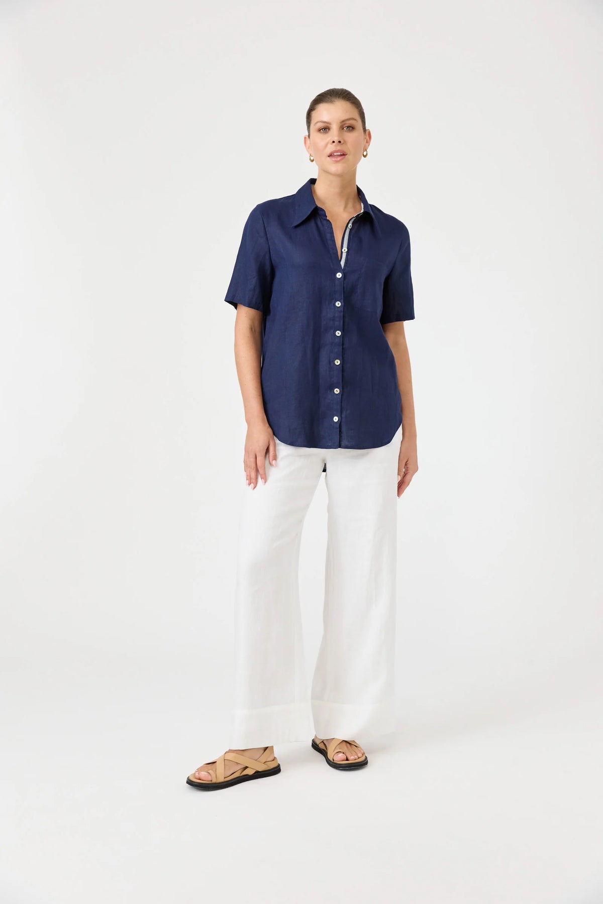 Eb and Ive studio linen short shirt indigo 100% pure linen work wear easy smart classic short sleeve button up front curved hem dark navy colour chic capsule piece blue