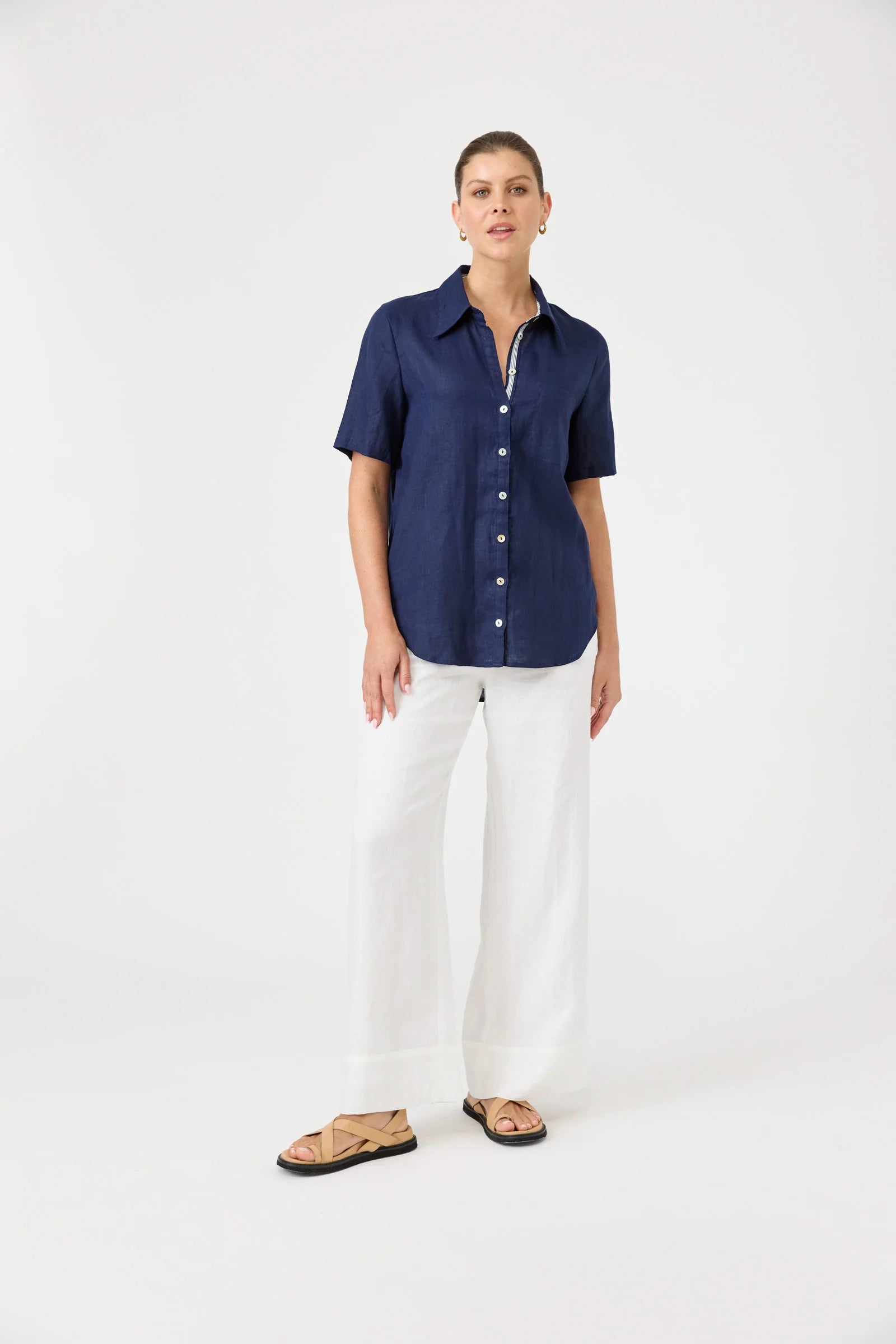 Eb and Ive studio linen short shirt indigo 100% pure linen work wear easy smart classic short sleeve button up front curved hem dark navy colour chic capsule piece blue