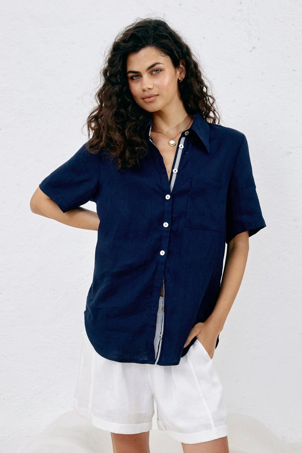 Eb and Ive studio linen short shirt indigo 100% pure linen work wear easy smart classic short sleeve button up front curved hem dark navy colour chic capsule piece blue