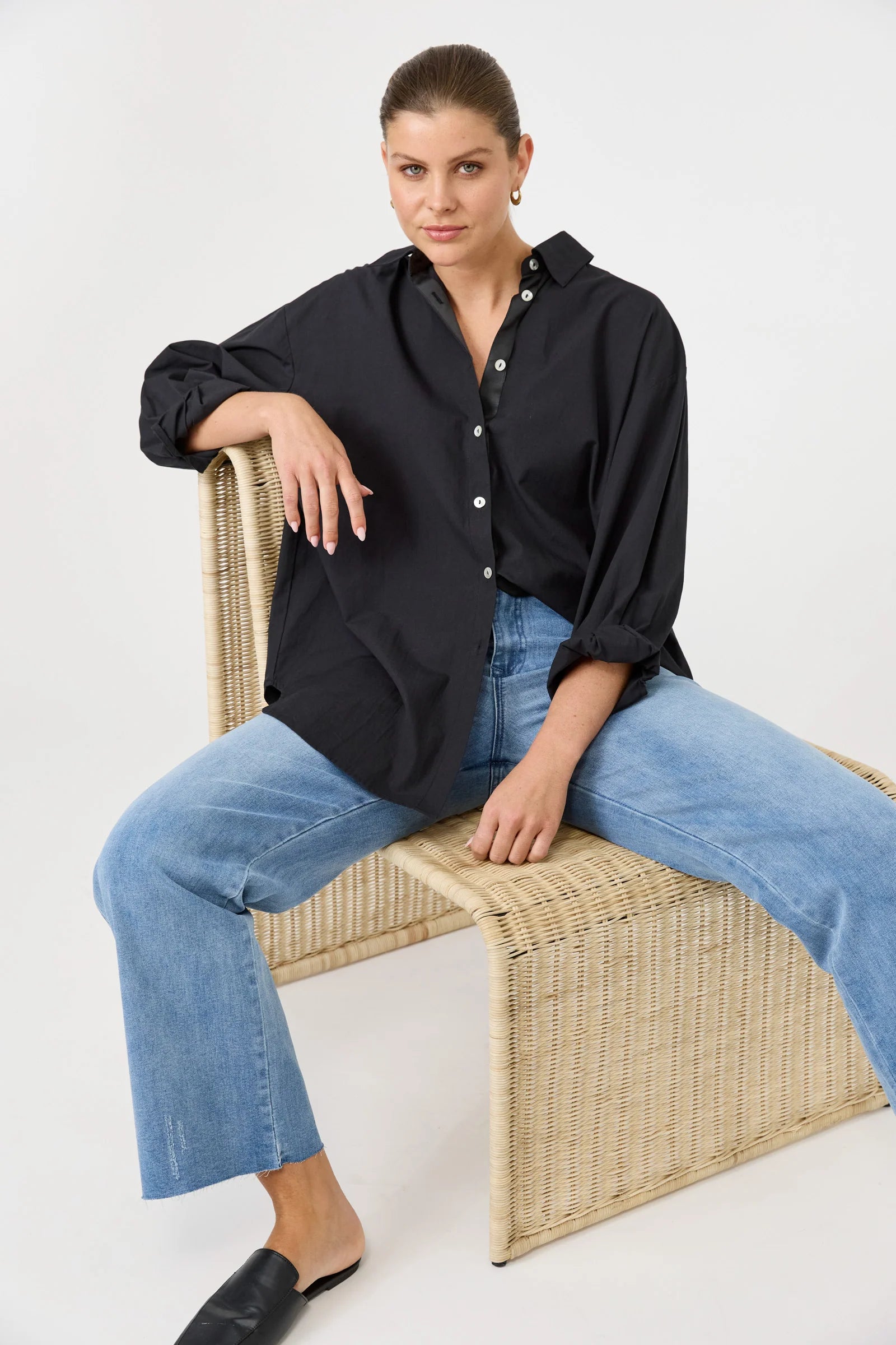 Studio Shirt BLACK cotton EB&Ive Studio Shirt ebony oversized for women button up relaxed boyfriend fit boxy shirt blouse workwear travel cassic crisp long sleeve