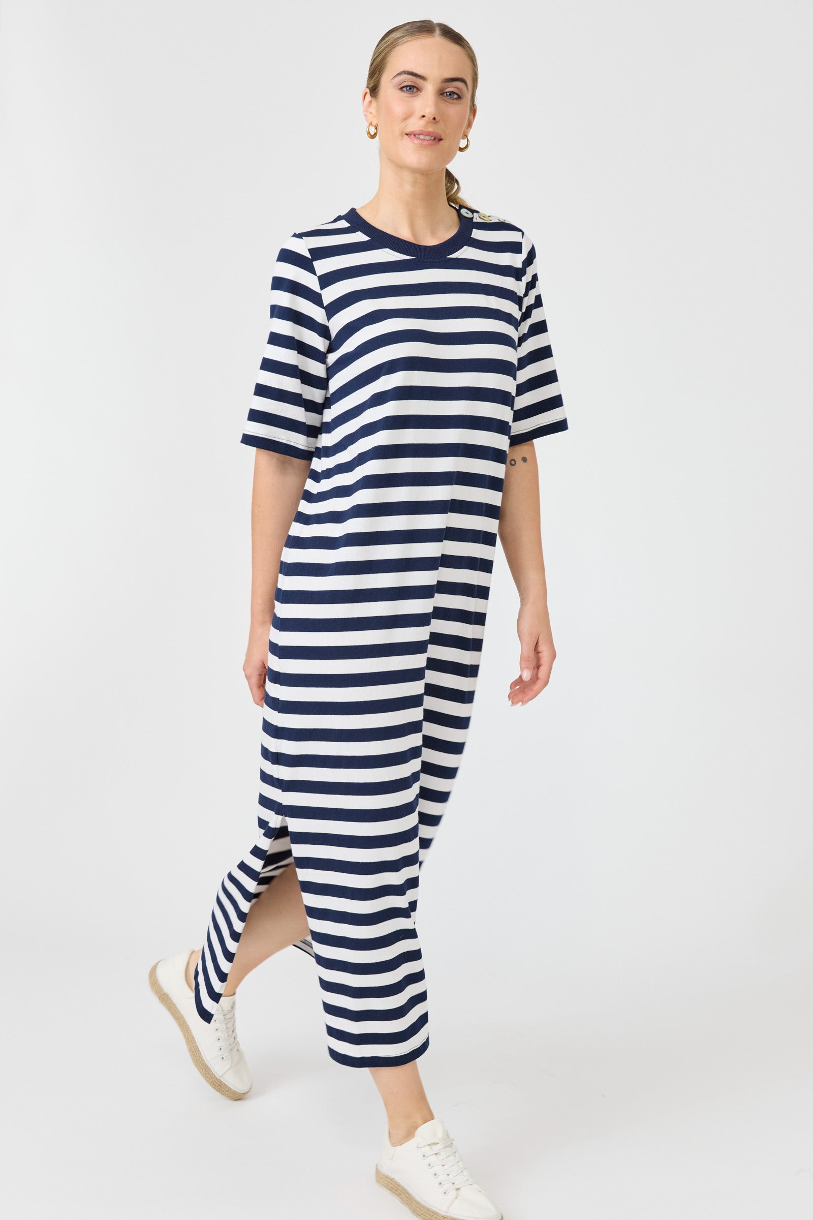 Studio dress navy stripe midi length easy wear cotton eb & Ive casual t-shirt dress tee casual