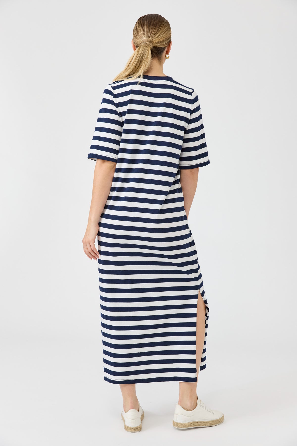 Studio dress navy stripe midi length easy wear cotton eb & Ive casual t-shirt dress tee casual