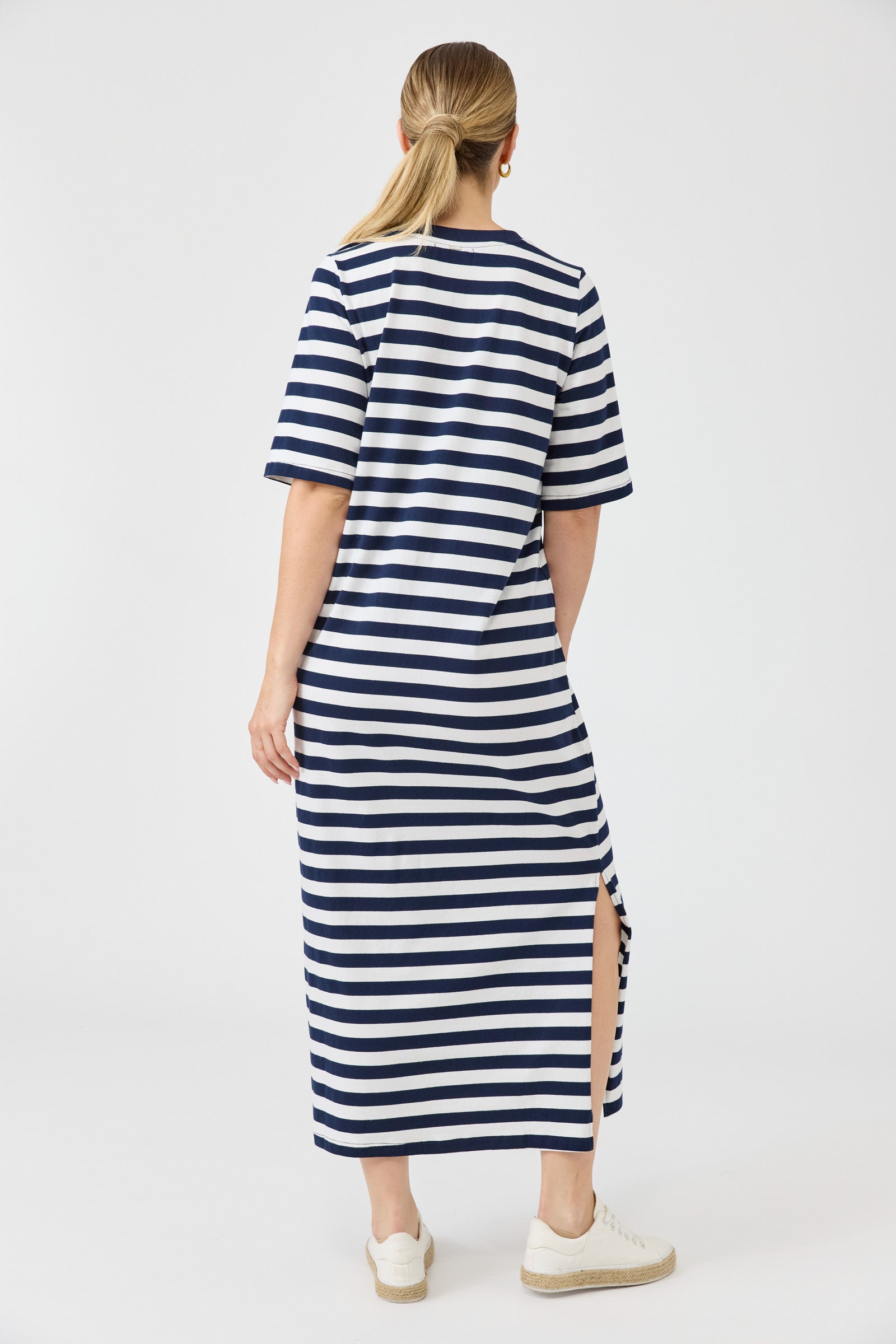 Studio dress navy stripe midi length easy wear cotton eb & Ive casual t-shirt dress tee casual