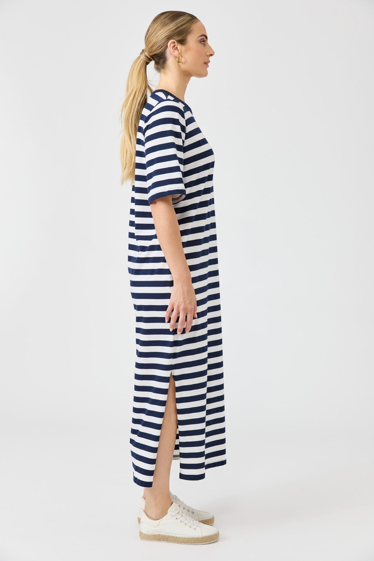 Studio dress navy stripe midi length easy wear cotton eb & Ive casual t-shirt dress tee casual