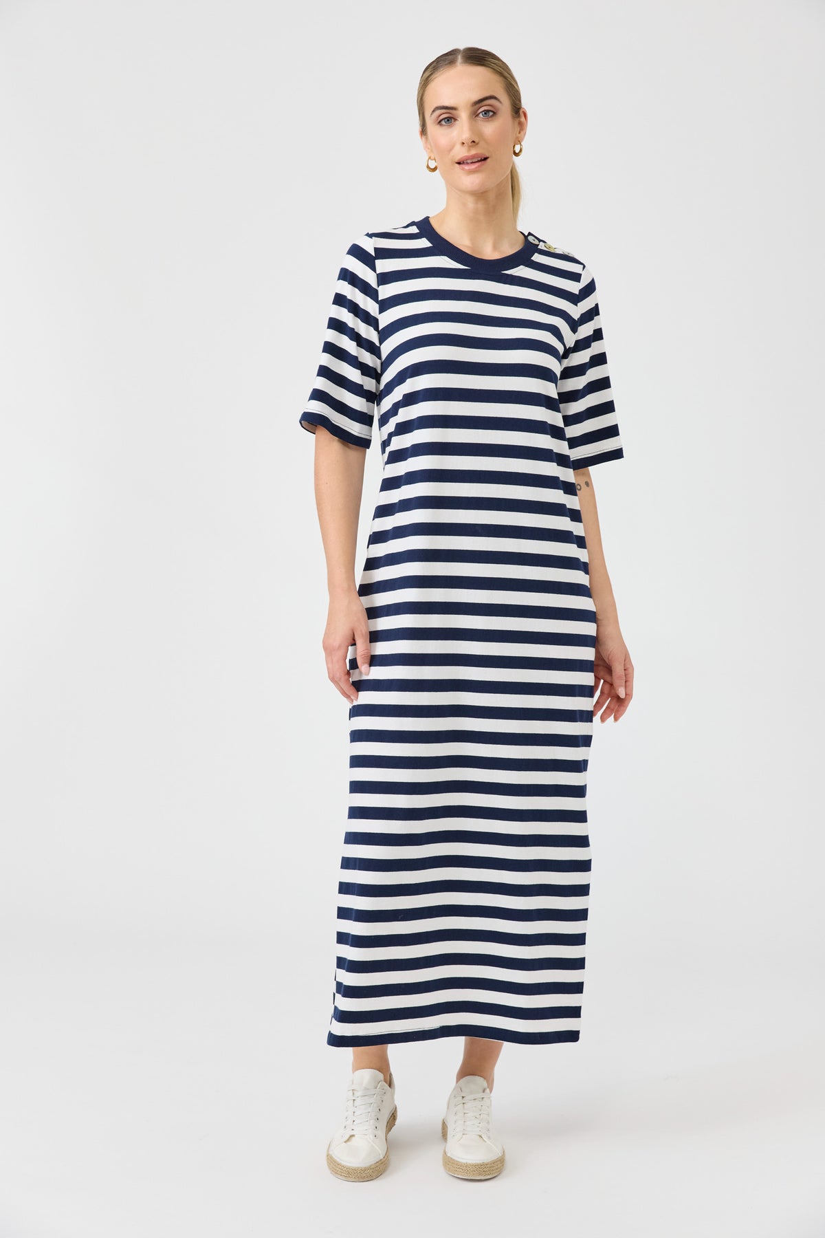 Studio dress navy stripe midi length easy wear cotton eb & Ive casual t-shirt dress tee casual