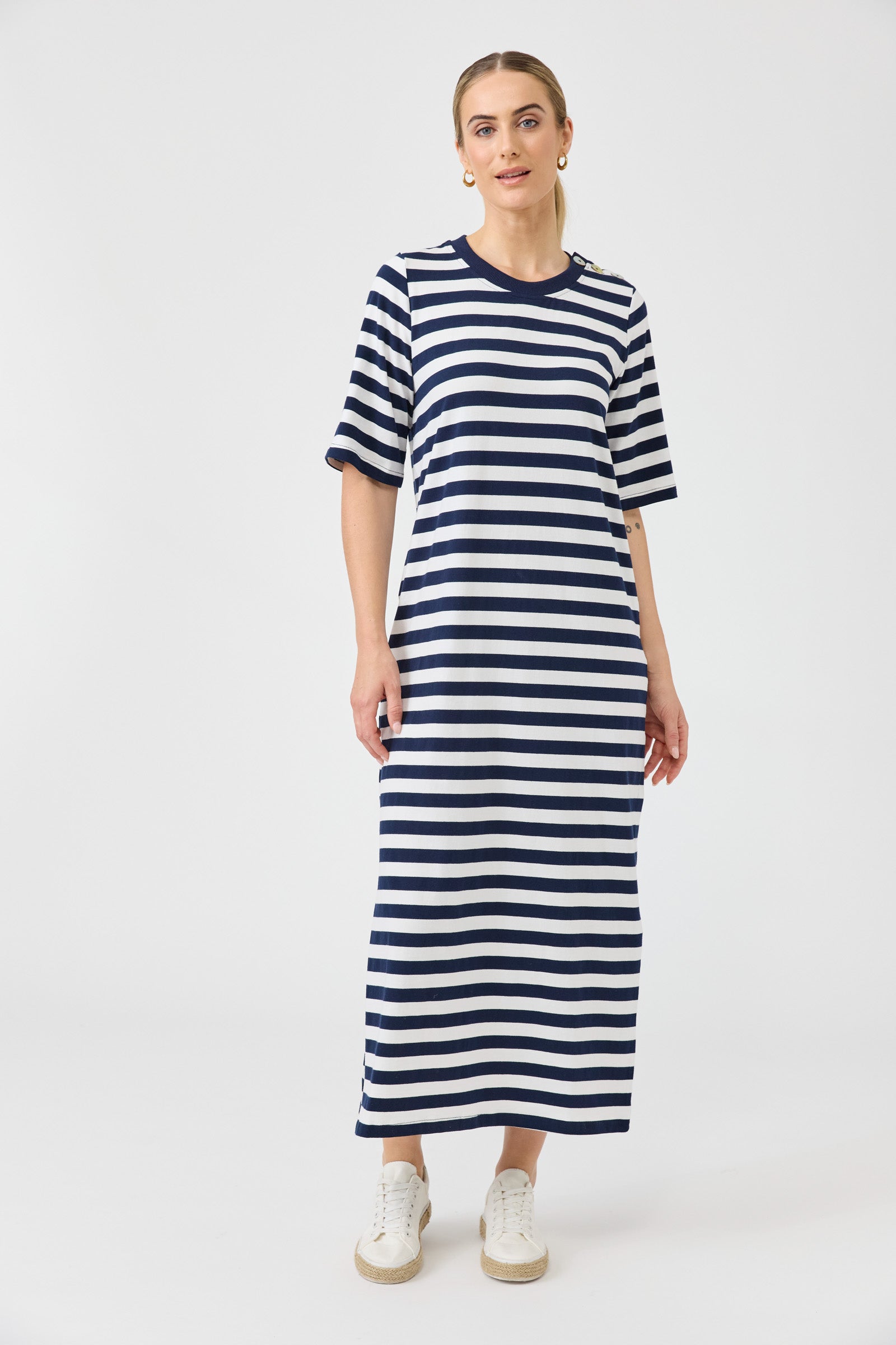 Studio dress navy stripe midi length easy wear cotton eb & Ive casual t-shirt dress tee casual