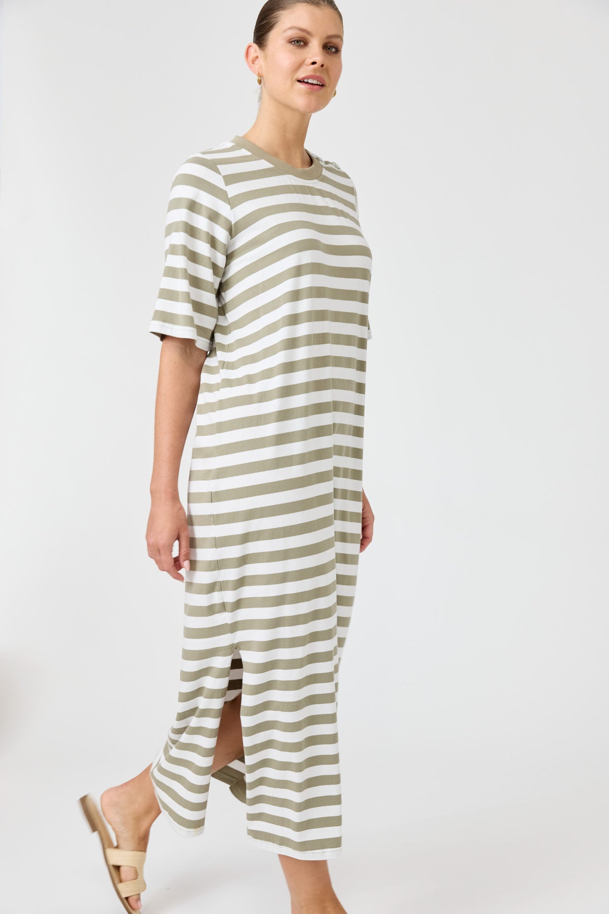 Studio dress olive and white stripe cotton midi length easy wear Eb and Ive casual