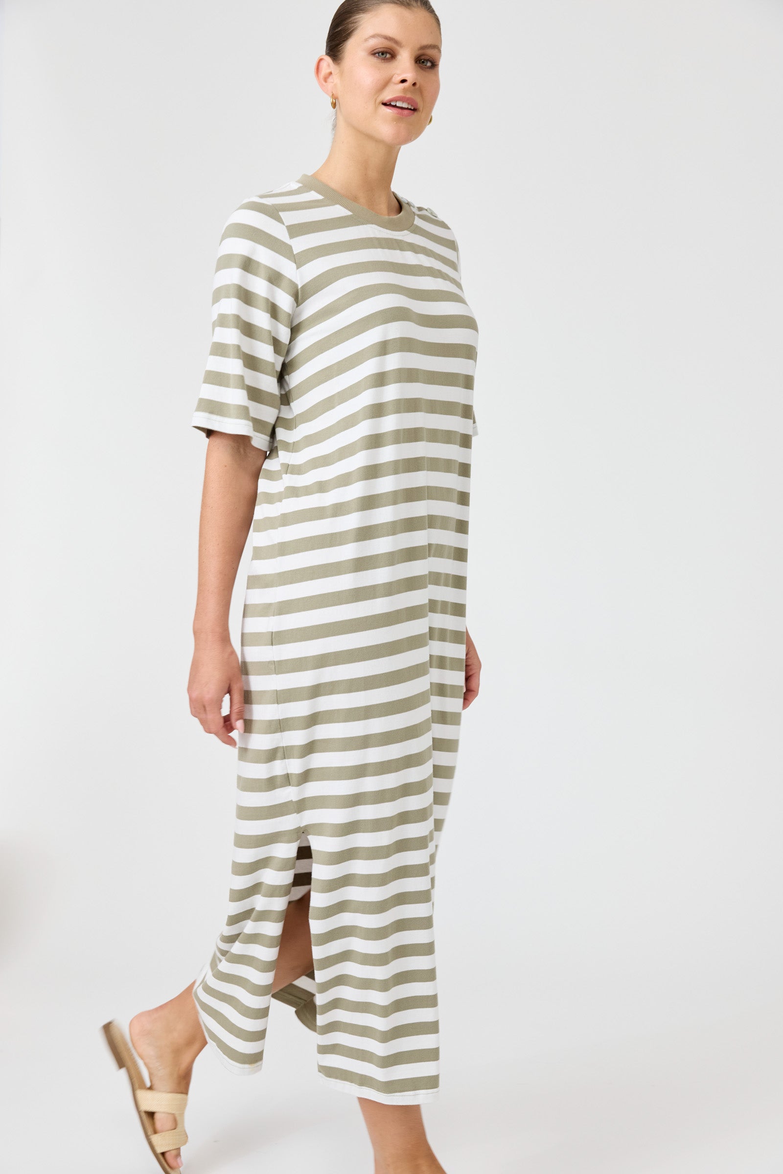 Studio dress olive and white stripe cotton midi length easy wear Eb and Ive casual