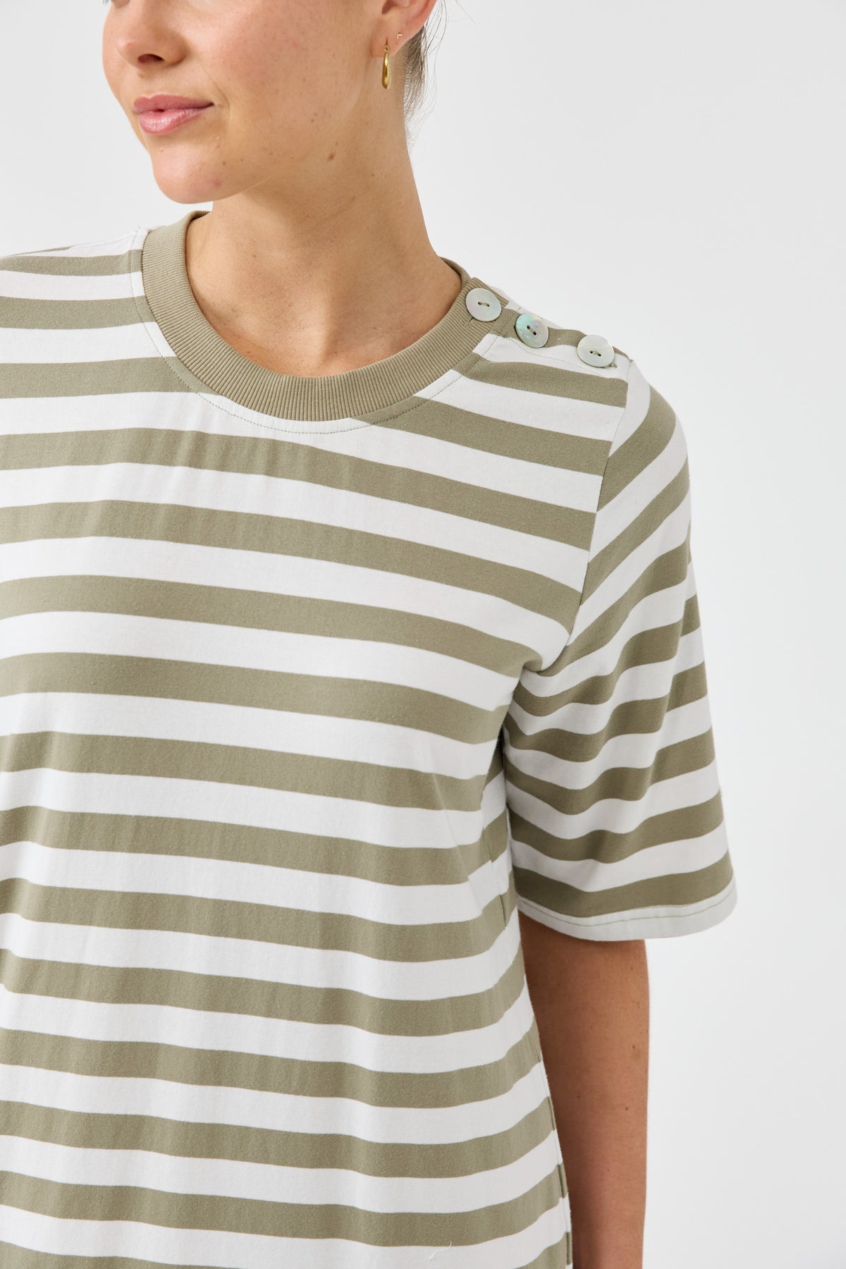 Studio dress olive and white stripe cotton midi length easy wear Eb and Ive casual