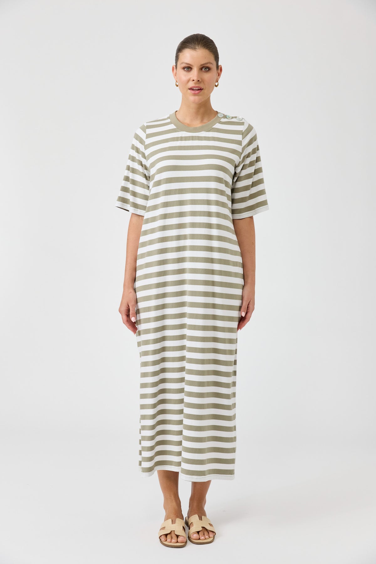 Studio dress olive and white stripe cotton midi length easy wear Eb and Ive casual