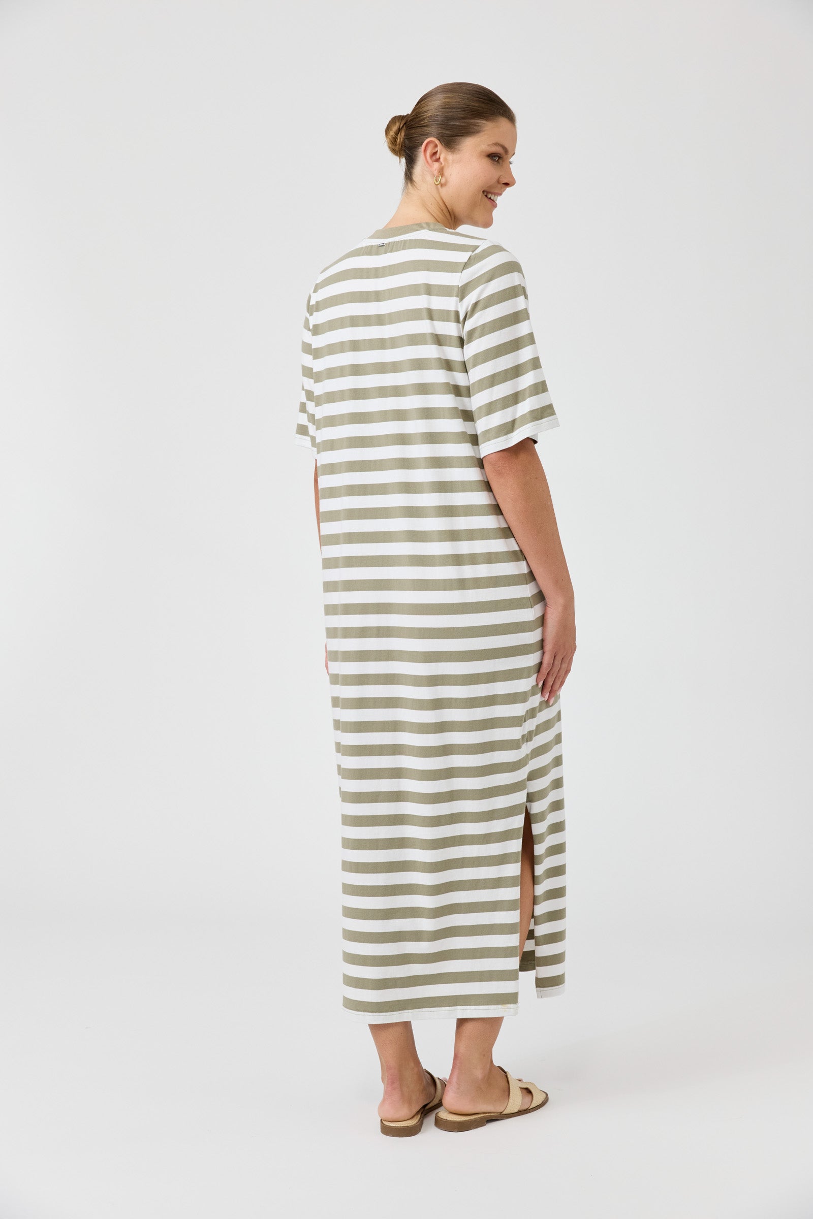 Studio dress olive and white stripe cotton midi length easy wear Eb and Ive casual
