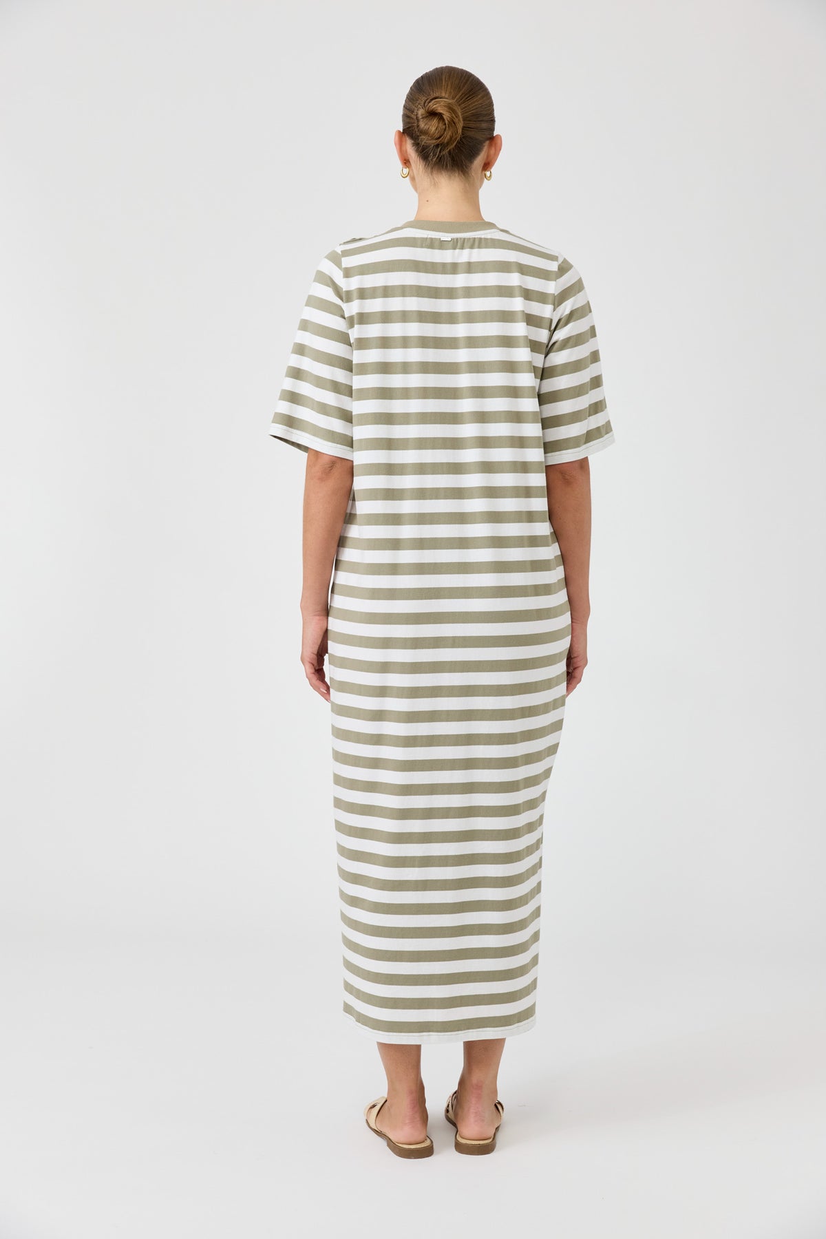 Studio dress olive and white stripe cotton midi length easy wear Eb and Ive casual