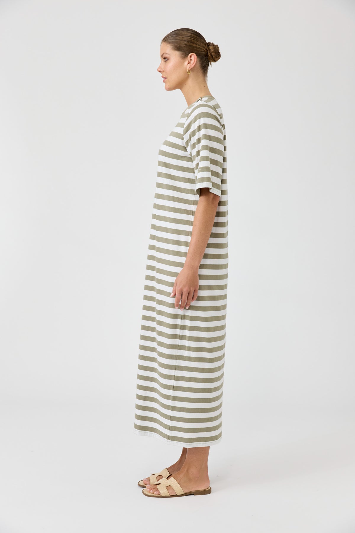 Studio dress olive and white stripe cotton midi length easy wear Eb and Ive casual