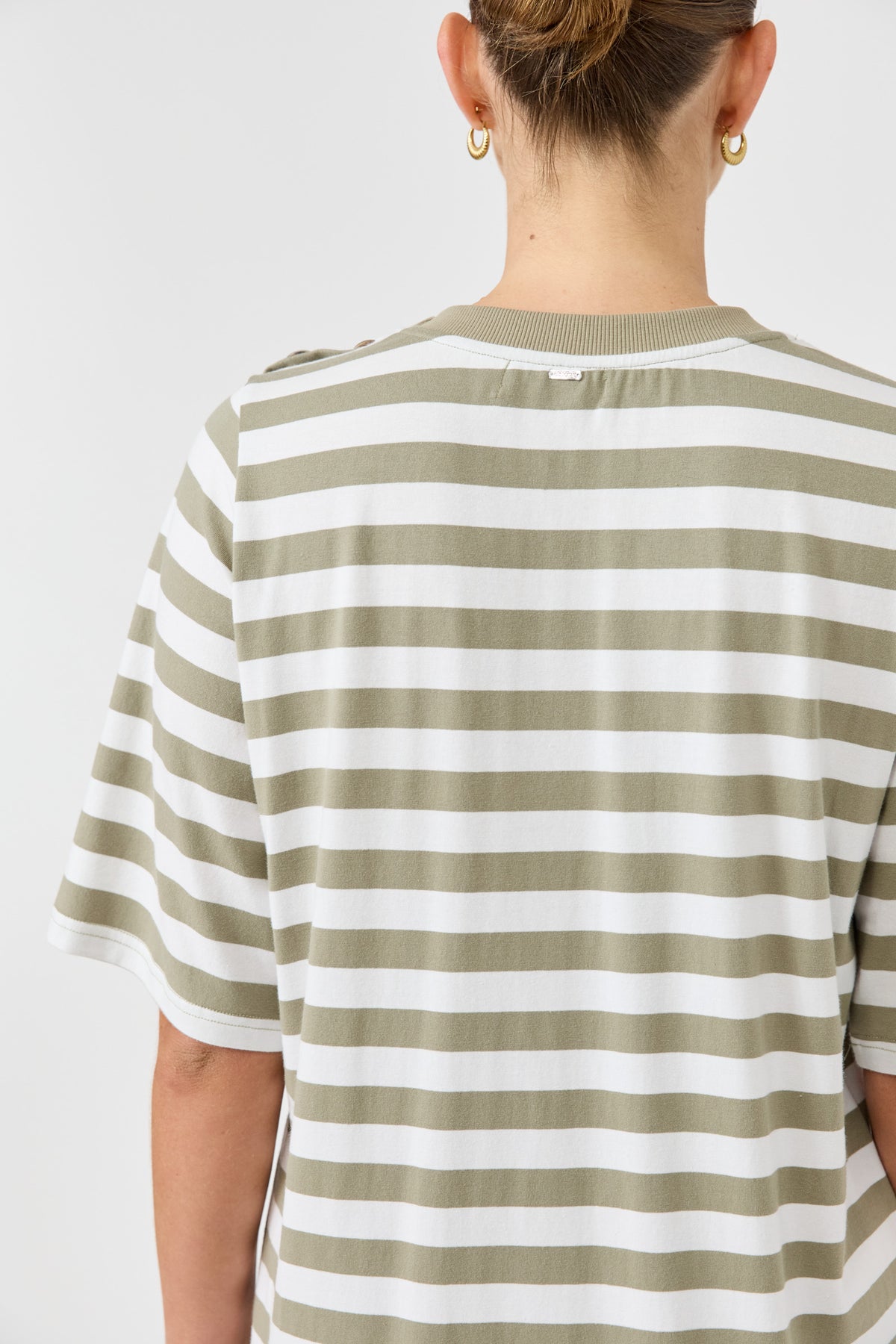 Studio dress olive and white stripe cotton midi length easy wear Eb and Ive casual