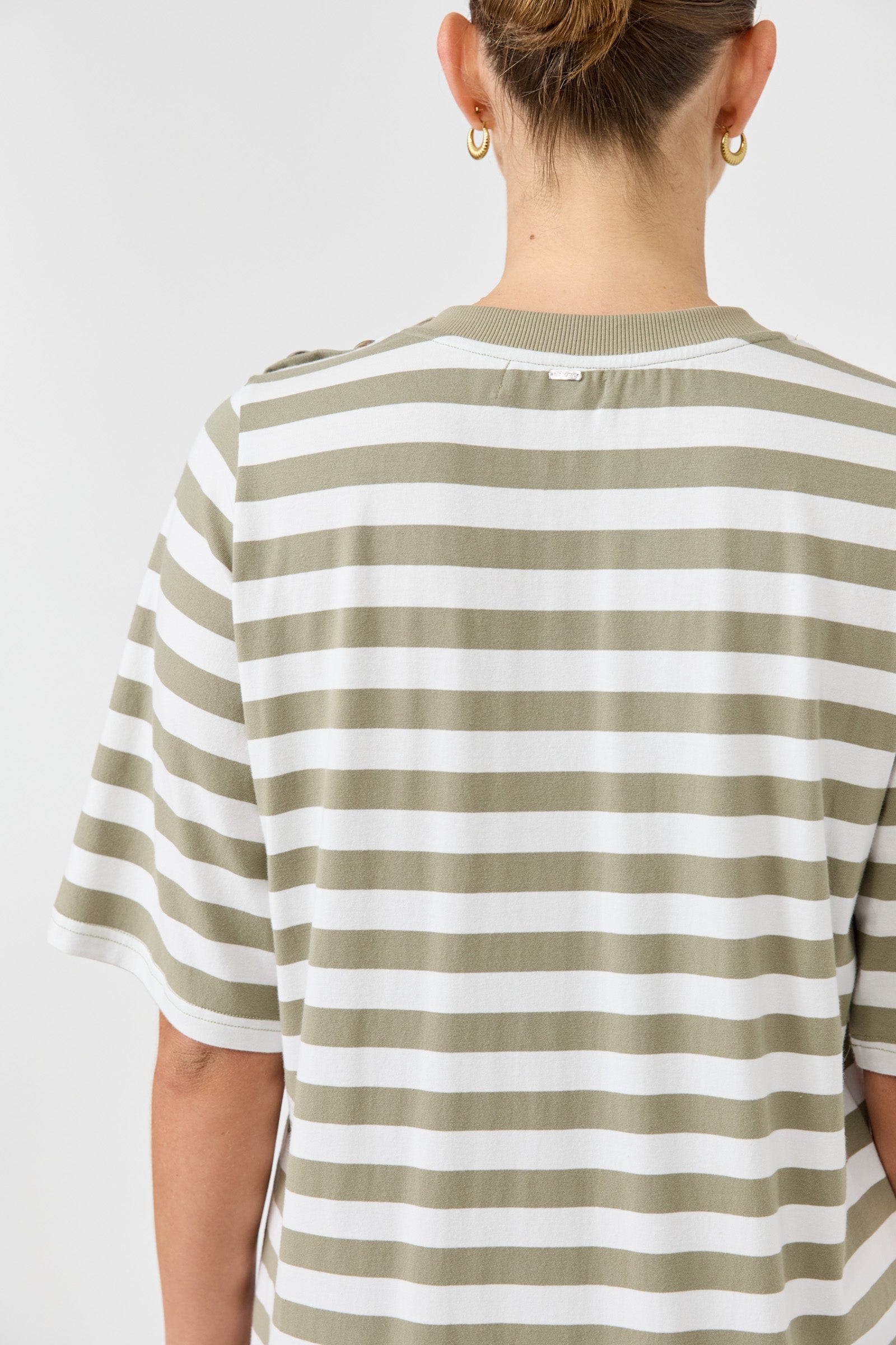 Studio dress olive and white stripe cotton midi length easy wear Eb and Ive casual