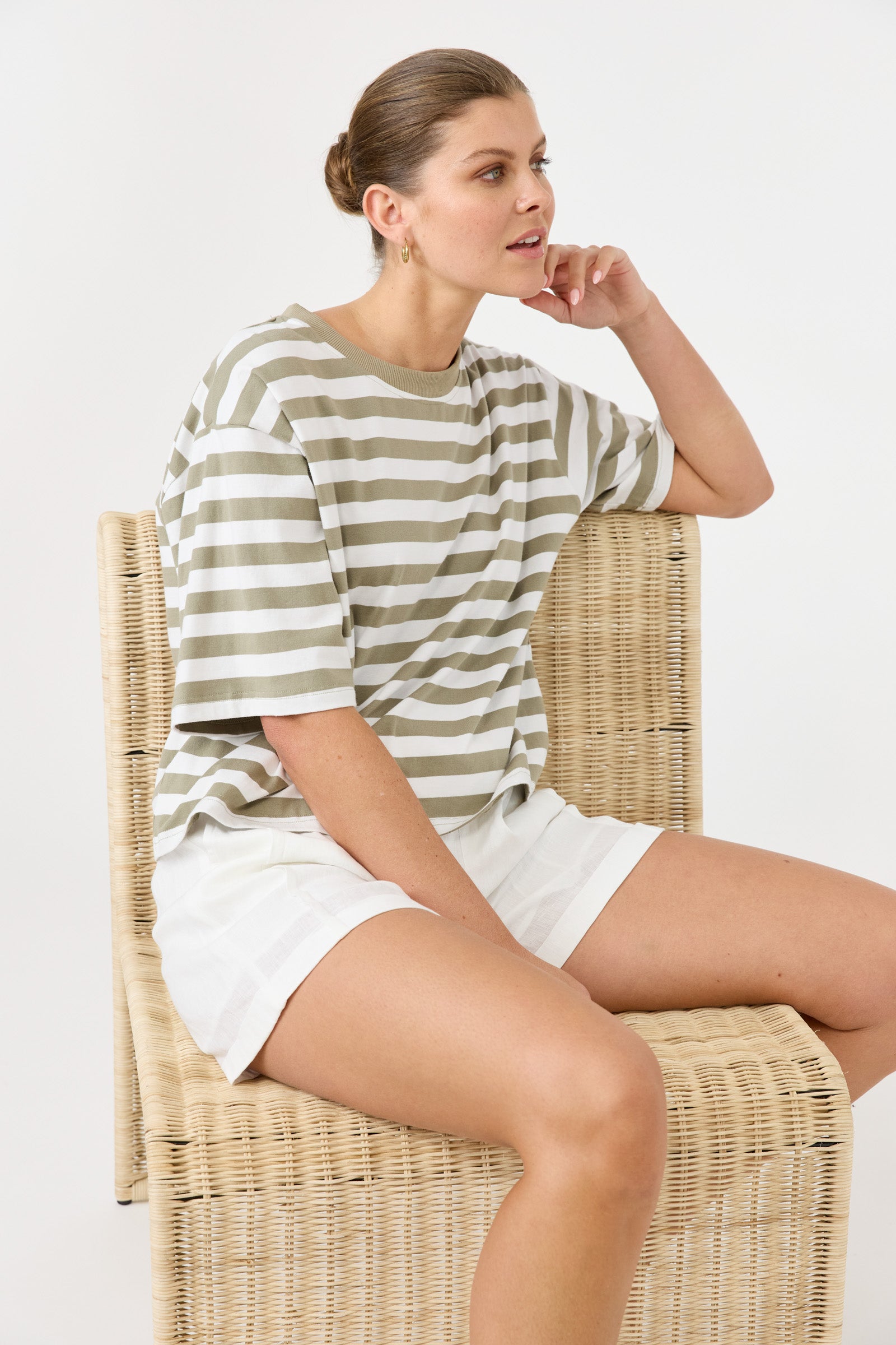 Studio stripe t shirt olive white Tee crew neck elbow length sleeve loose boxy fit cotton hip length relaxed silhouette three-quarter sleeve classic stripes casual wear