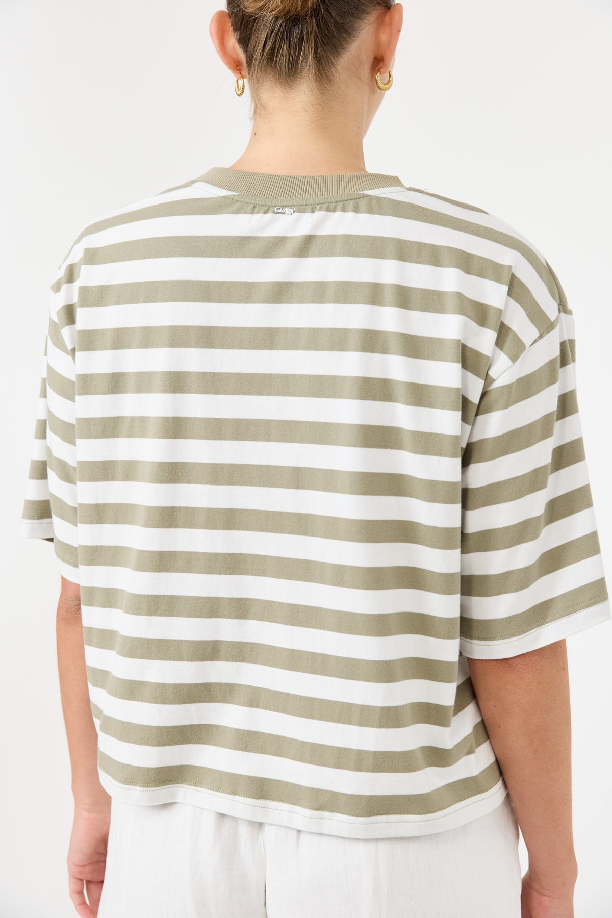 Studio stripe t shirt olive white Tee crew neck elbow length sleeve loose boxy fit cotton hip length relaxed silhouette three-quarter sleeve classic stripes casual wear