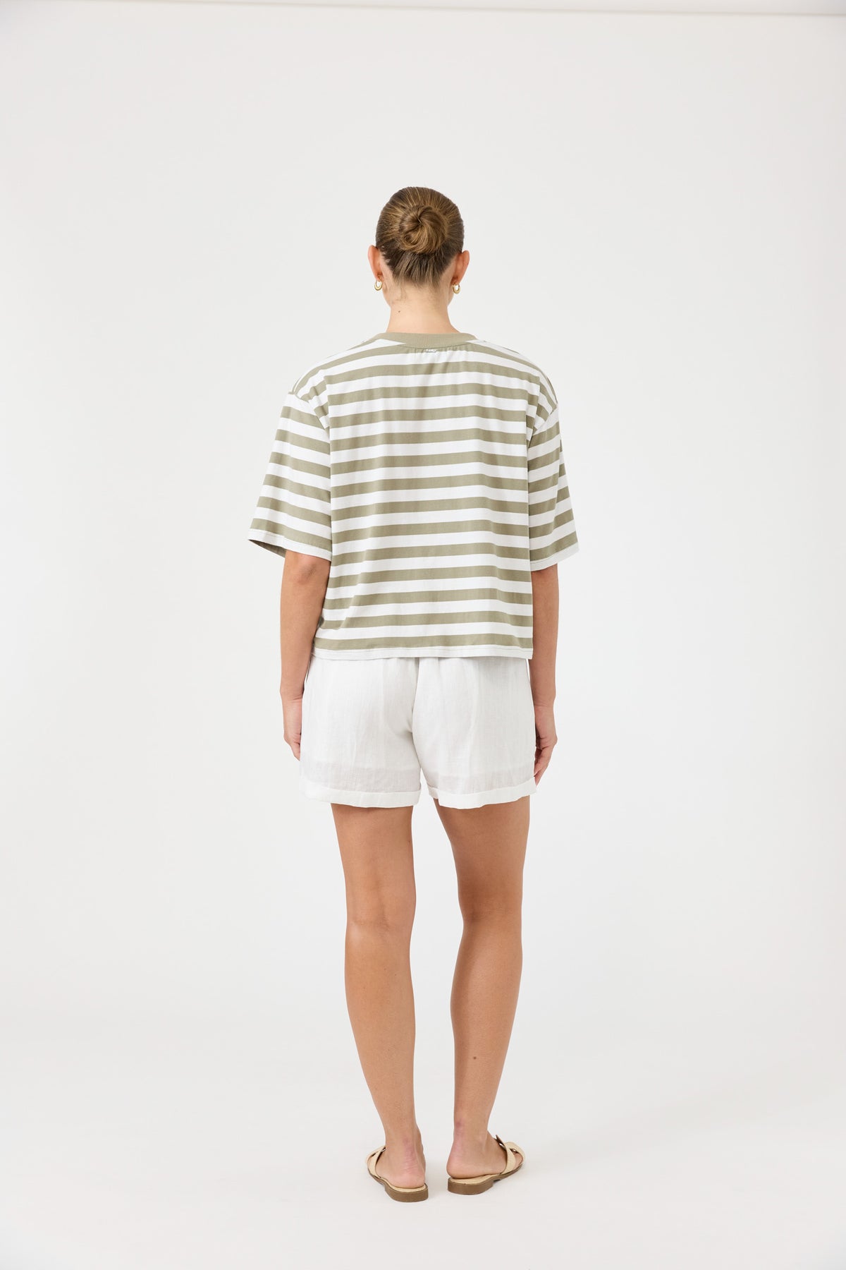 Studio stripe t shirt olive white Tee crew neck elbow length sleeve loose boxy fit cotton hip length relaxed silhouette three-quarter sleeve classic stripes casual wear