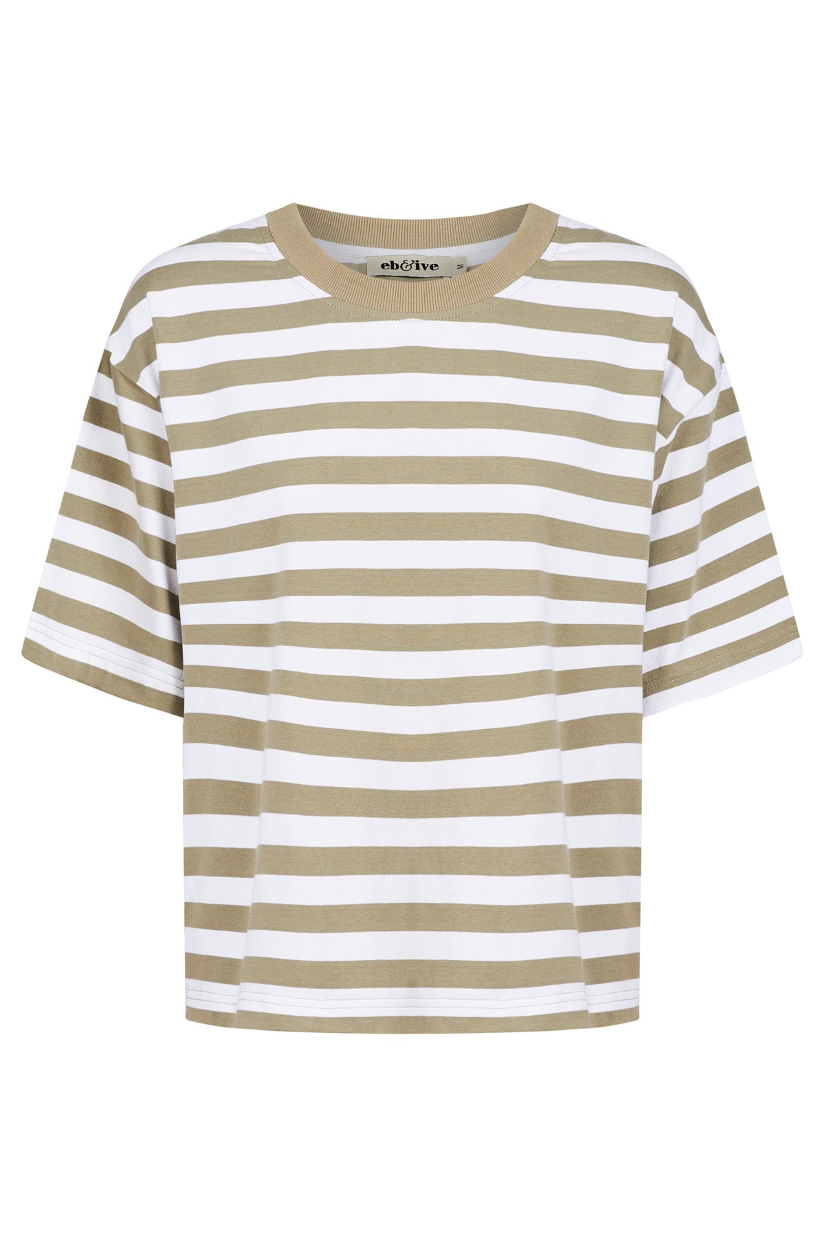 Studio stripe t shirt olive white Tee crew neck elbow length sleeve loose boxy fit cotton hip length relaxed silhouette three-quarter sleeve classic stripes casual wear