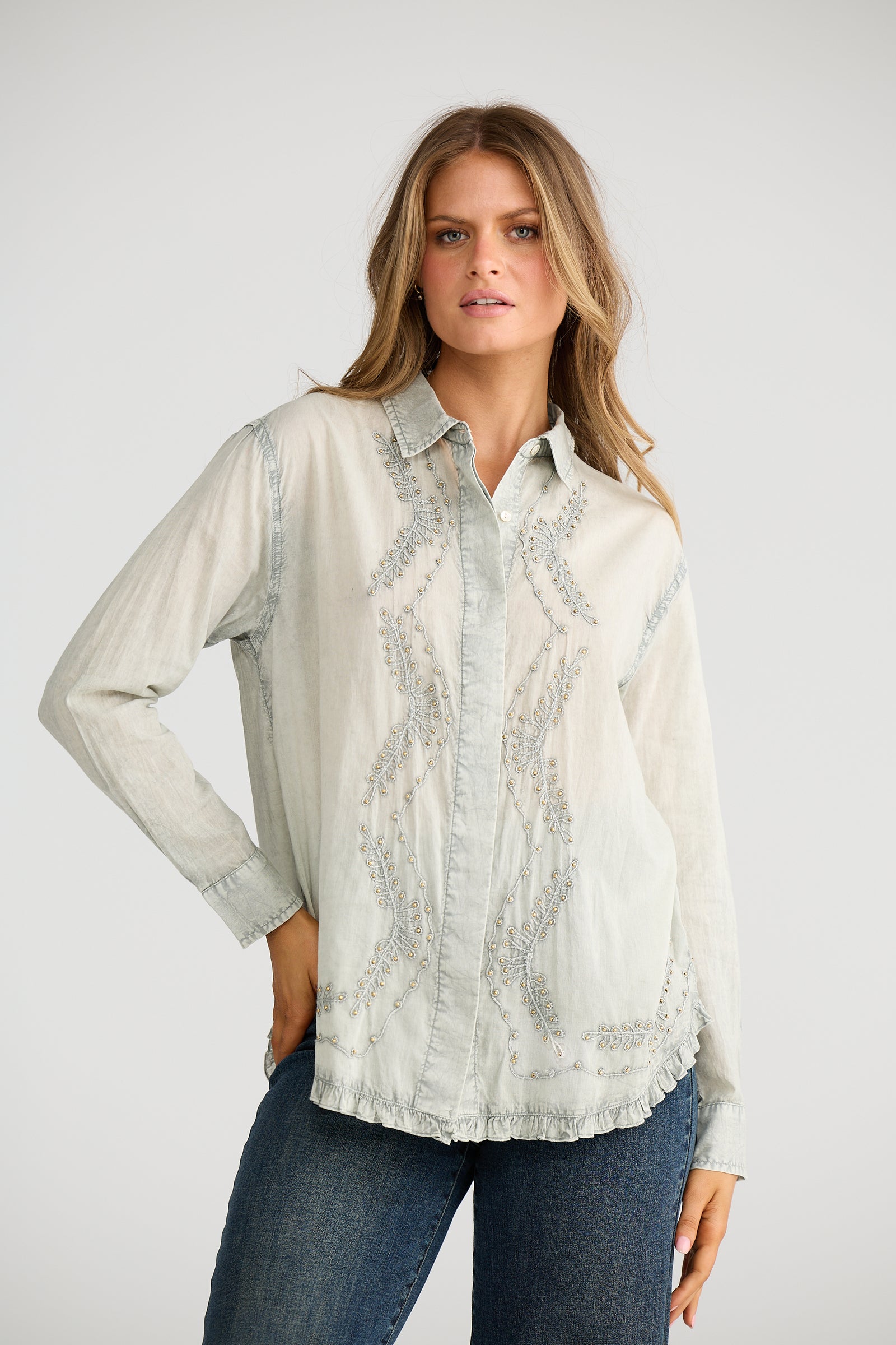 Sienna Shirt - Moss + Embroidery