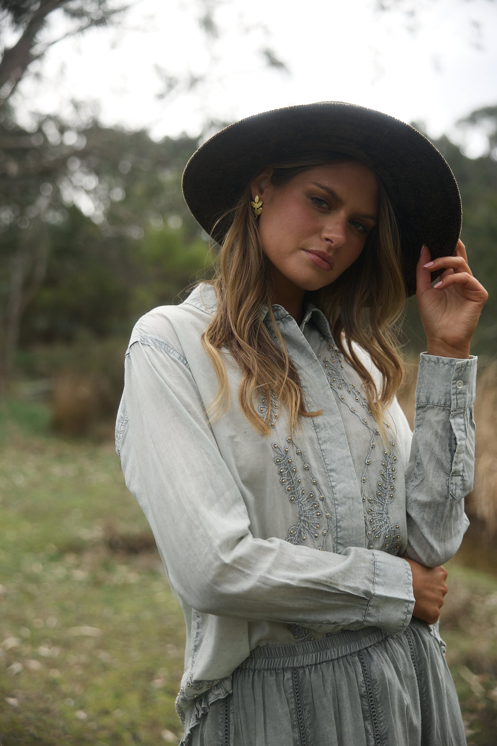 Sienna Shirt - Moss + Embroidery