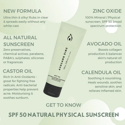 Avocado Zinc Moisturiser SPF50 All natural sun screen zinc Australian made skincare Nourish Physical Skin